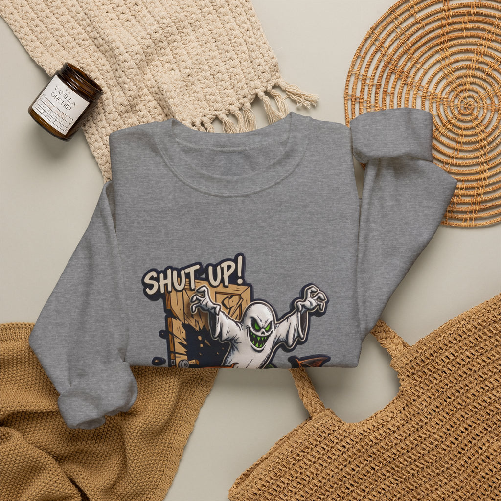 Graphite Heather crewneck sweatshirt styled flat with a candle — green-eyed ghost with bat wings