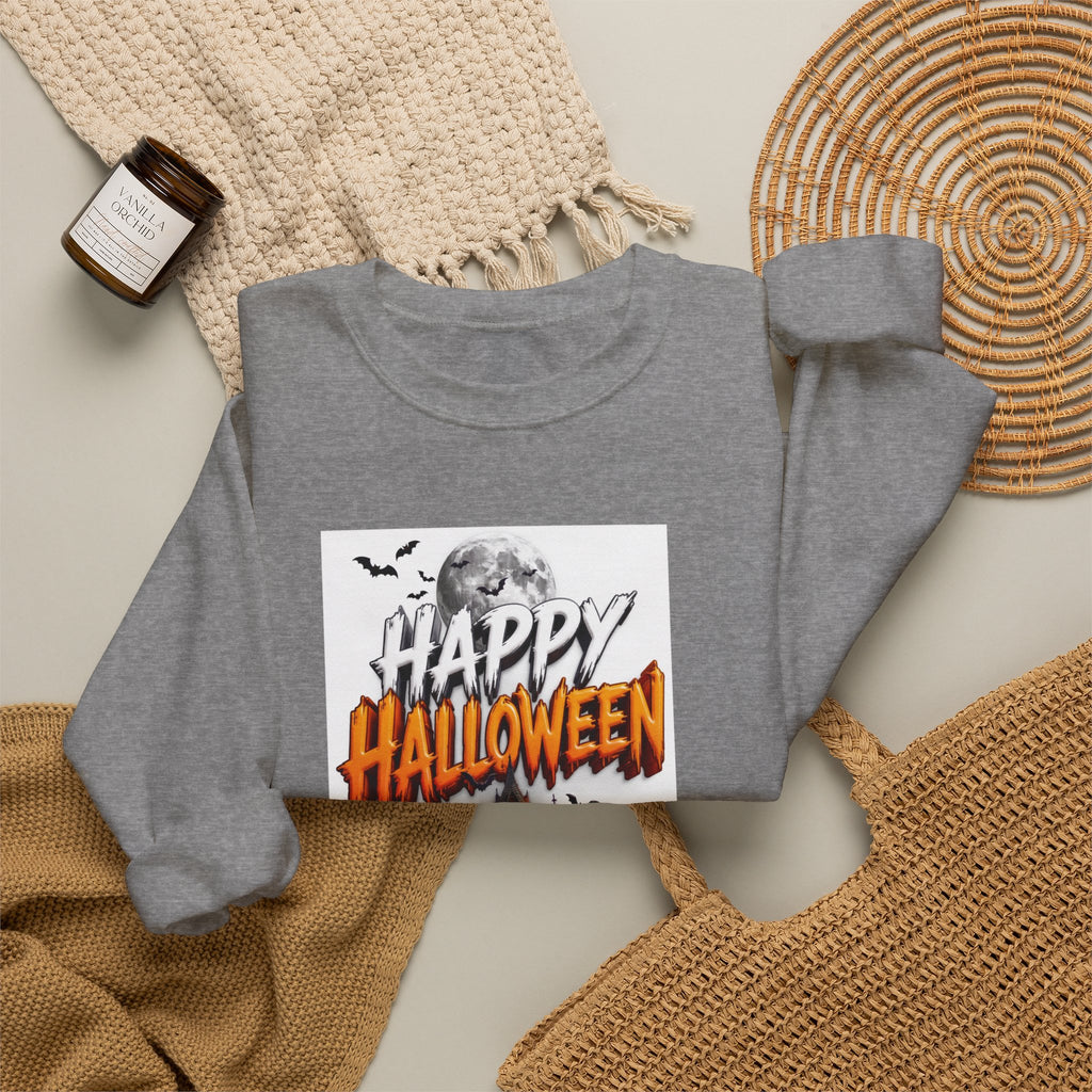 Graphite Heather crewneck sweatshirt styled flat with a candle — haunted house with pumpkins and ghosts