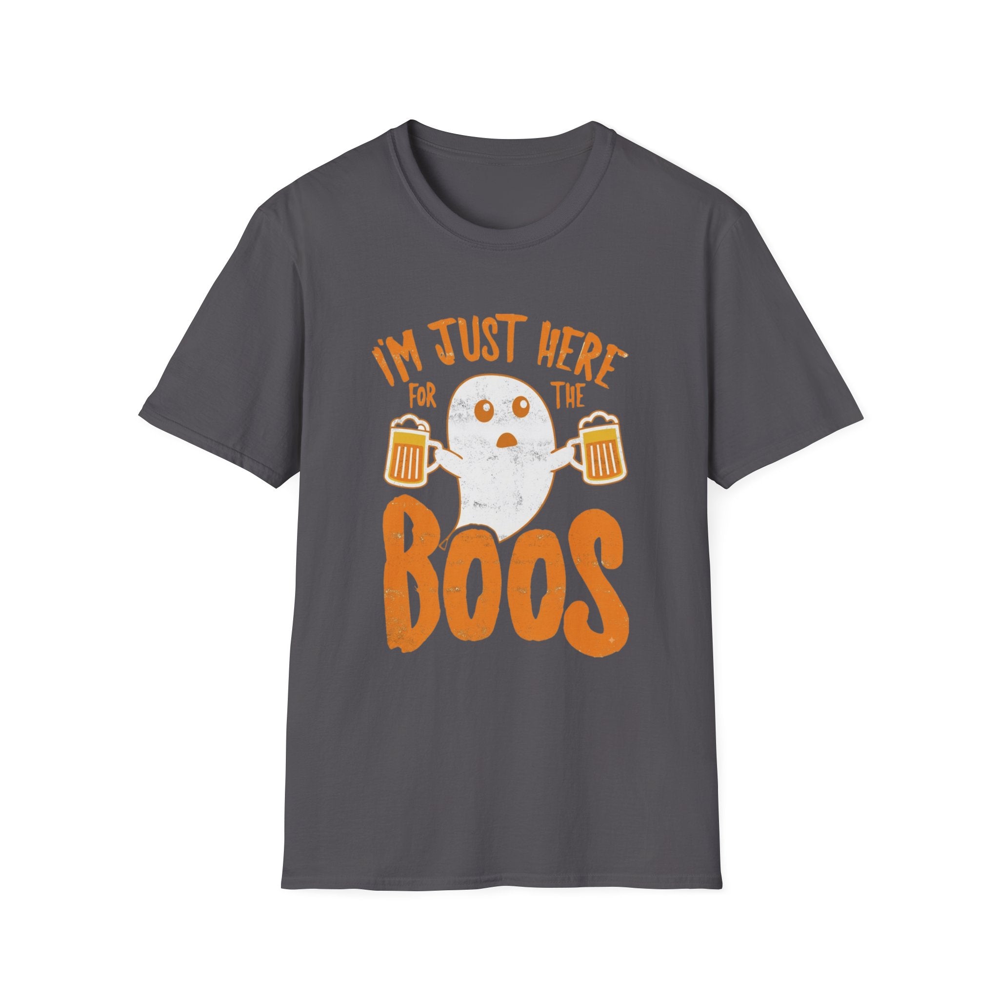 Charcoal t-shirt laid flat, printed with a single wide-eyed ghost raising a frothy pint under chunky