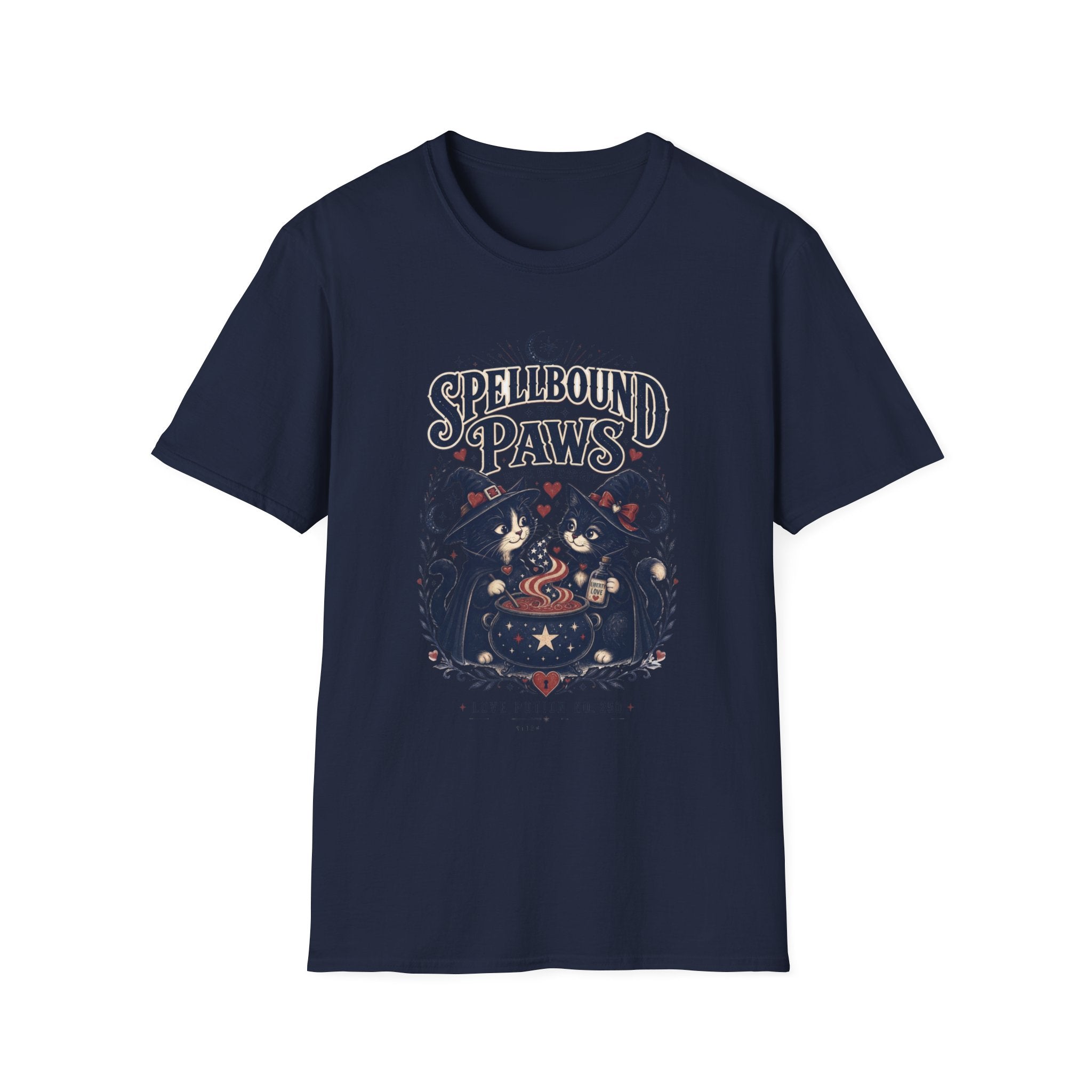 Navy t-shirt laid flat, printed with a two black cats in witch hats