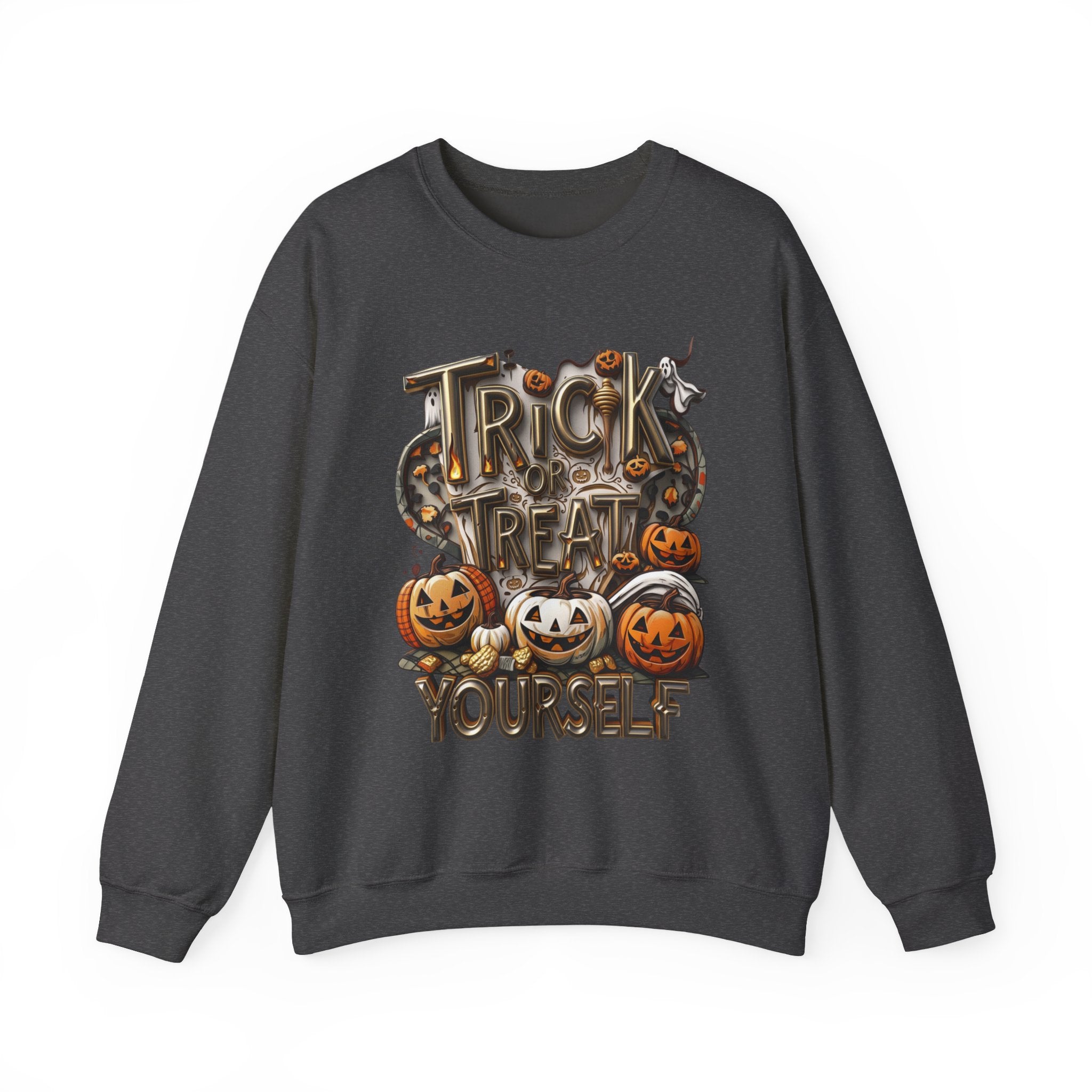 Dark Heather crewneck sweatshirt laid flat, printed with a carved metallic lettering reading trick or treat yourself sits
