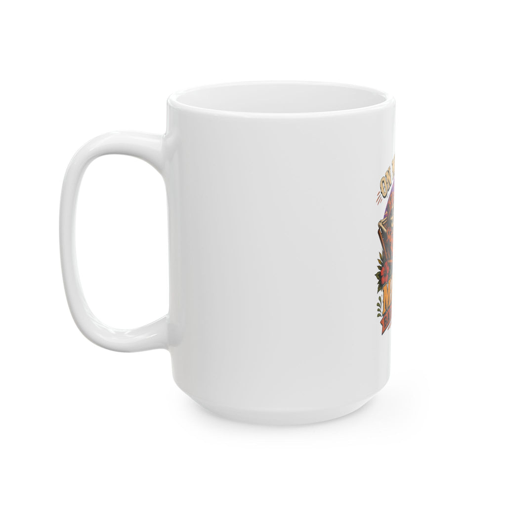 Ceramic mug showing a wraparound tropical sunset scene of a skeleton, view 7