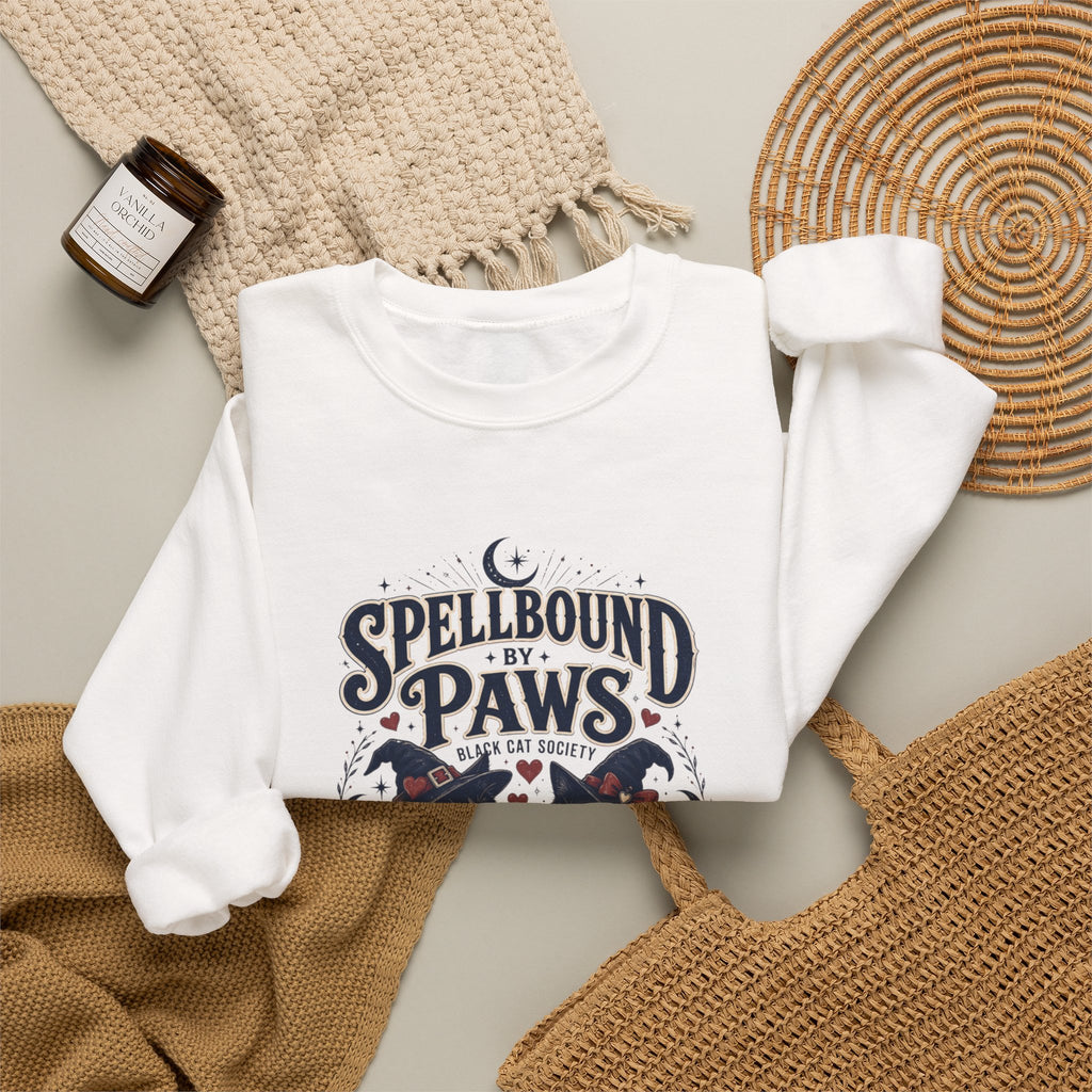 White crewneck sweatshirt styled flat with a candle — two black cats in witch hats