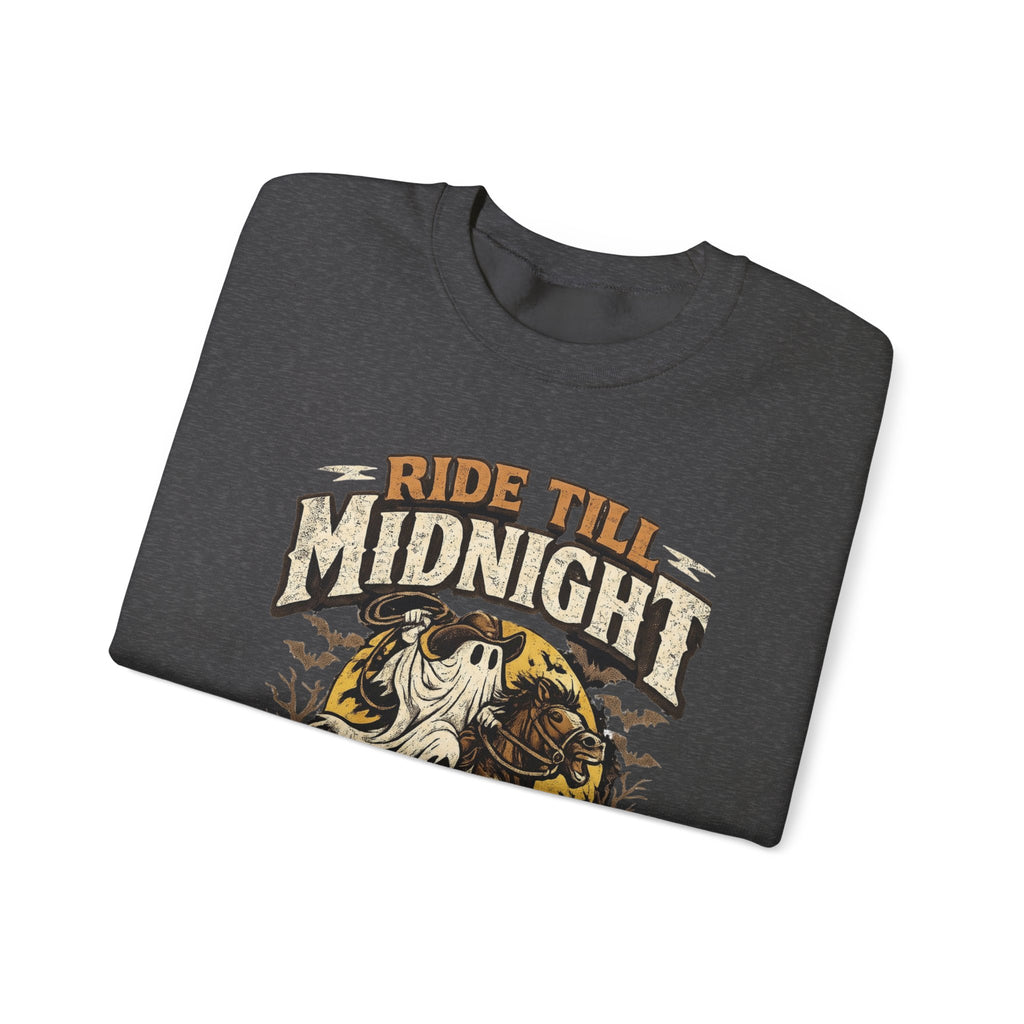 Dark Heather crewneck sweatshirt folded to show the vintage style skeleton on a motorcycle under a banner print