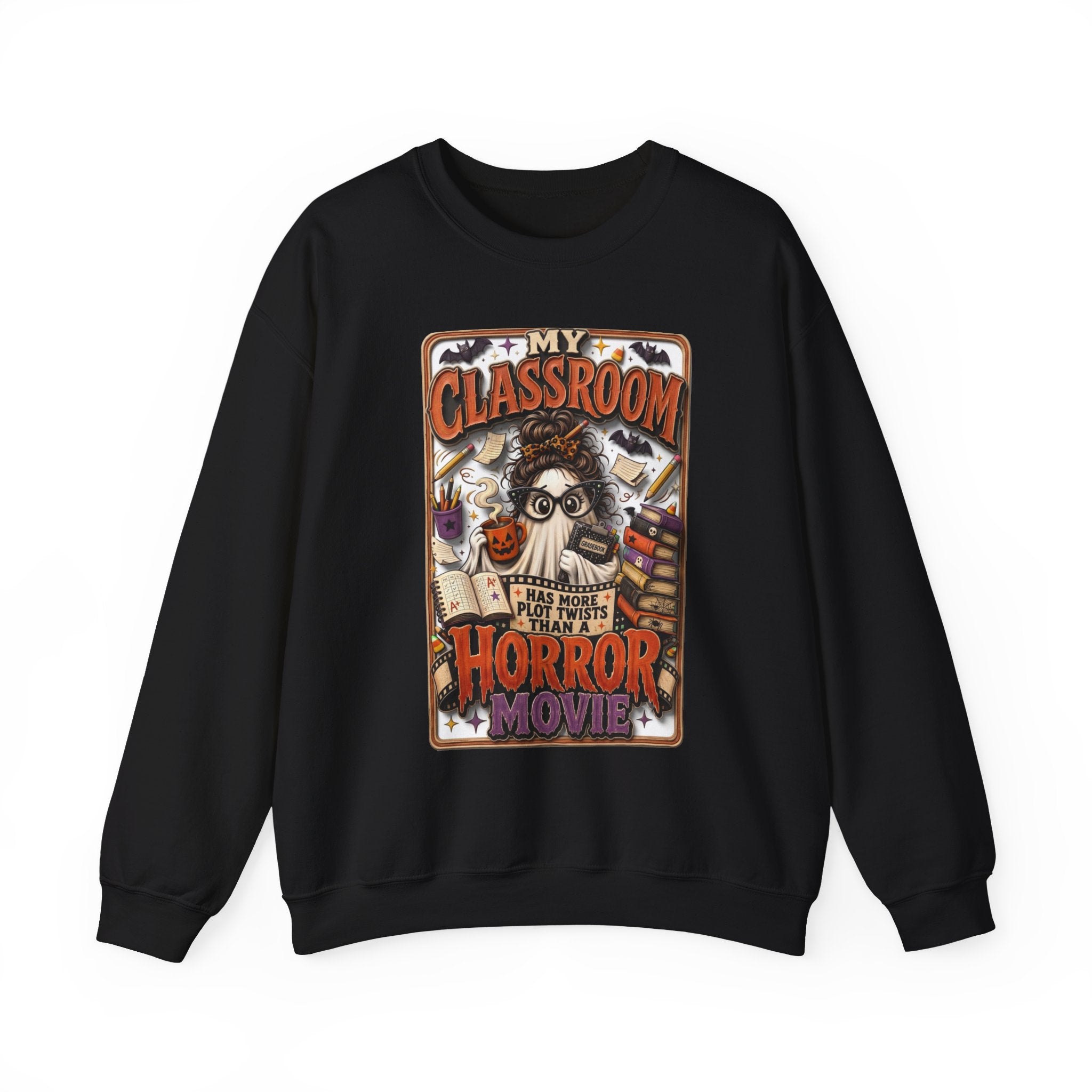 Black crewneck sweatshirt laid flat, printed with a bespectacled ghost with a messy bun grades away among