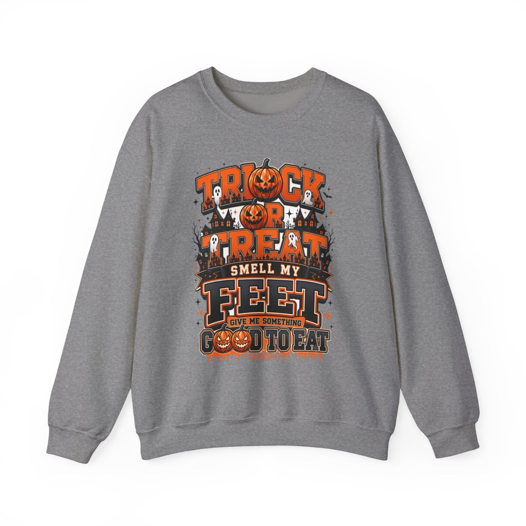 Graphite Heather crewneck sweatshirt laid flat, printed with a stacked orange and black lettering spells out the classic