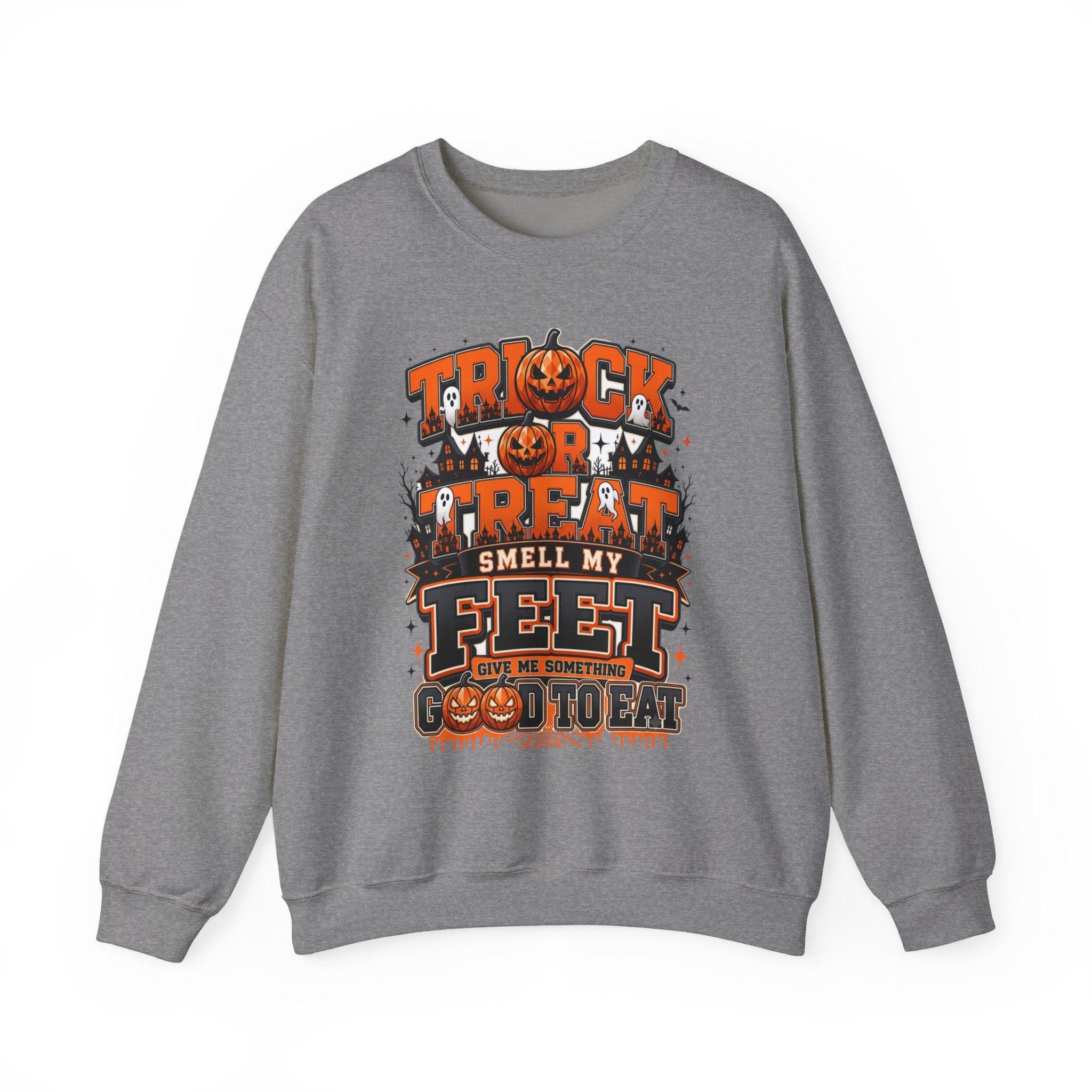 Graphite Heather crewneck sweatshirt laid flat, printed with a stacked orange and black lettering spells out the classic
