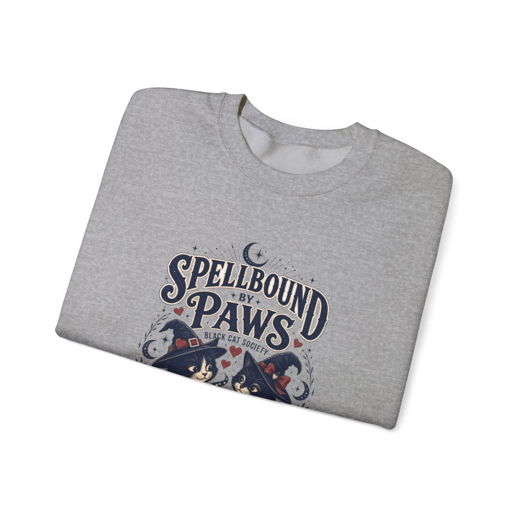 Sport Grey crewneck sweatshirt folded to show the two black cats in witch hats print