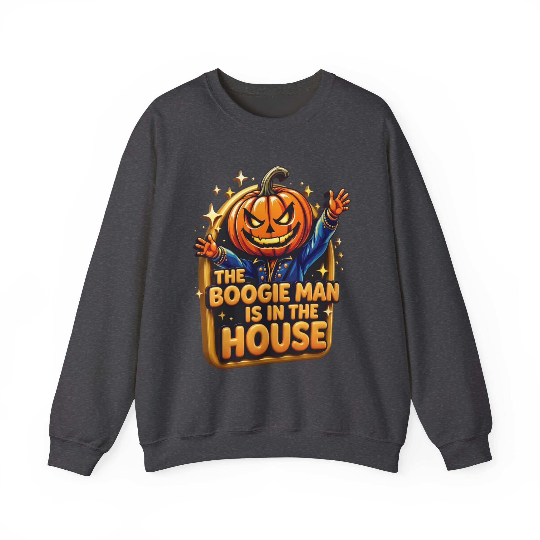 Dark Heather crewneck sweatshirt laid flat, printed with a grinning jack-o-lantern head in a blue jacket throws