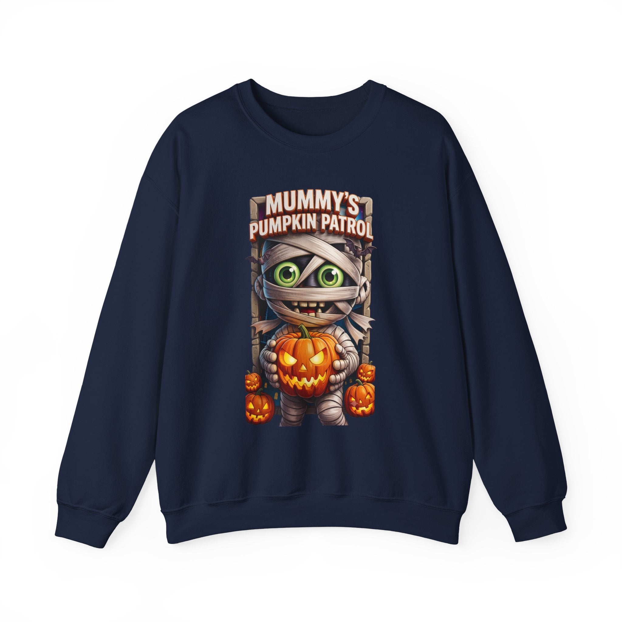 Navy crewneck sweatshirt laid flat, printed with a wide-eyed cartoon mummy wrapped in bandages hugs a carved