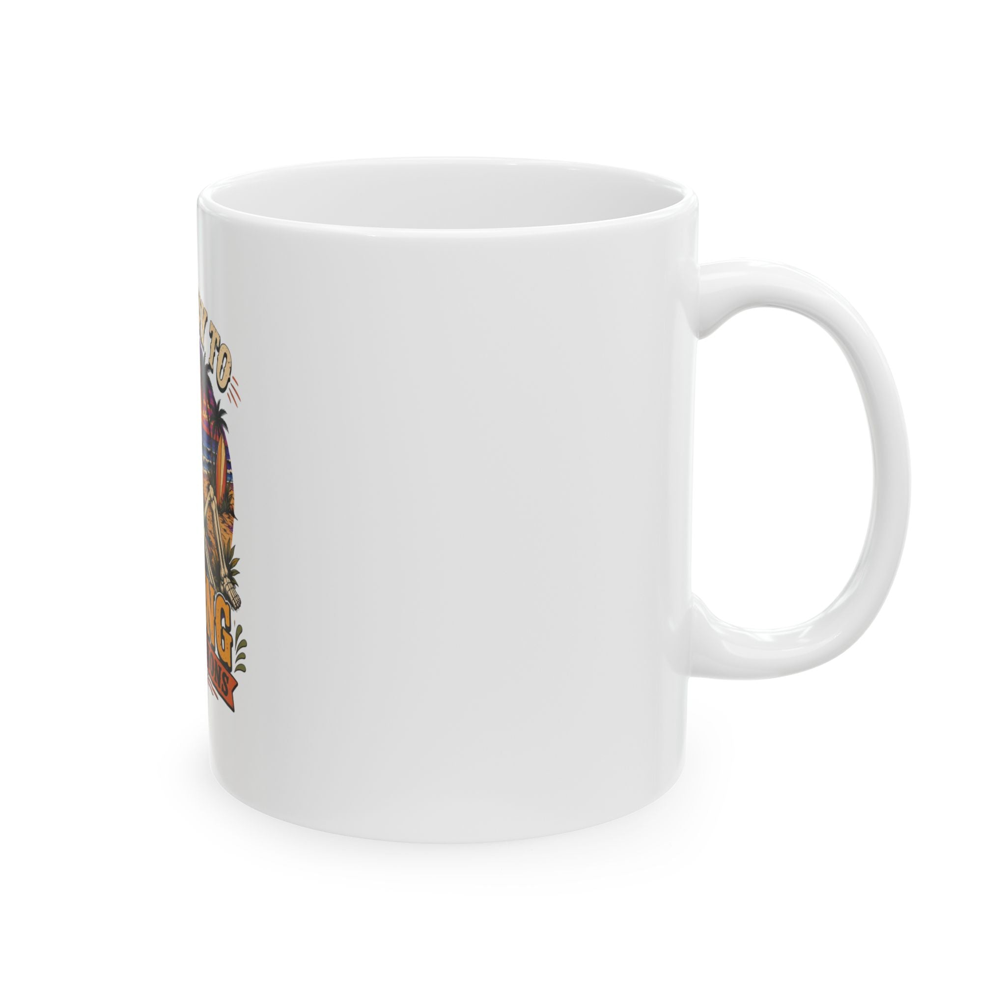 Ceramic mug showing a wraparound tropical sunset scene of a skeleton, view 4