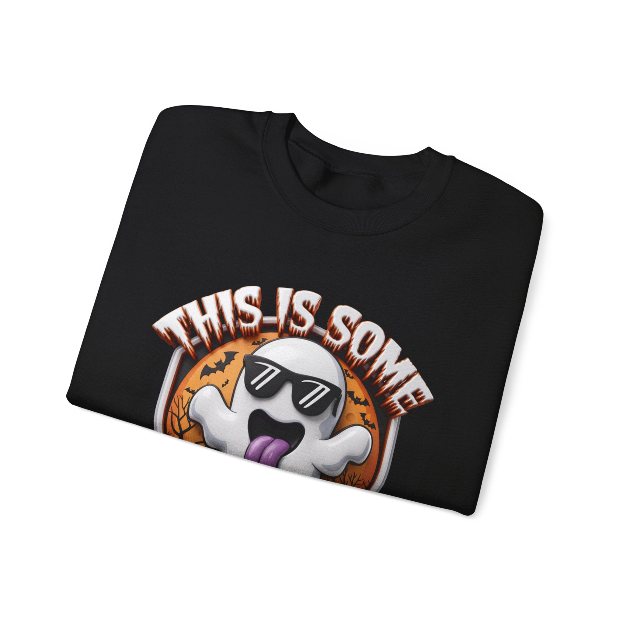 Black crewneck sweatshirt folded to show the cartoon ghost in dark sunglasses sticks its purple tongue print