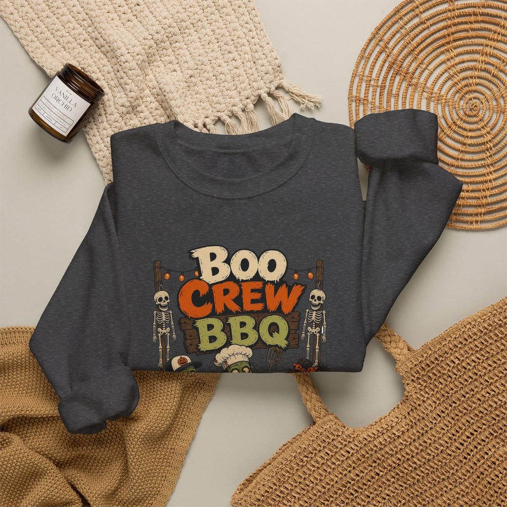 Dark Heather crewneck sweatshirt styled flat with a candle — skeletons and zombies at the grill