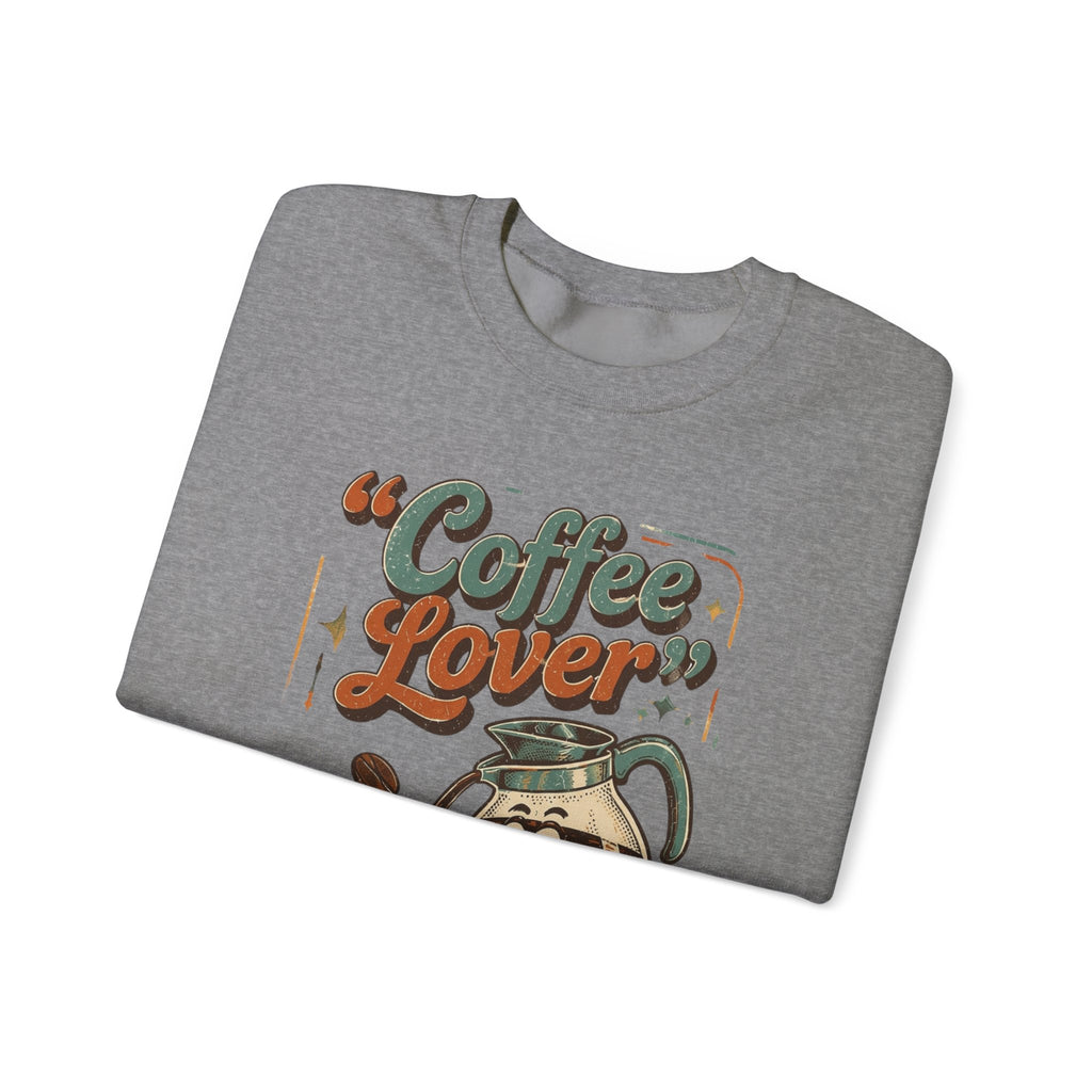 Graphite Heather crewneck sweatshirt folded to show the retro coffee pot print