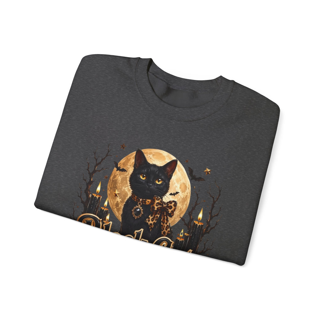 Dark Heather crewneck sweatshirt folded to show the black cat sits before a glowing full moon print