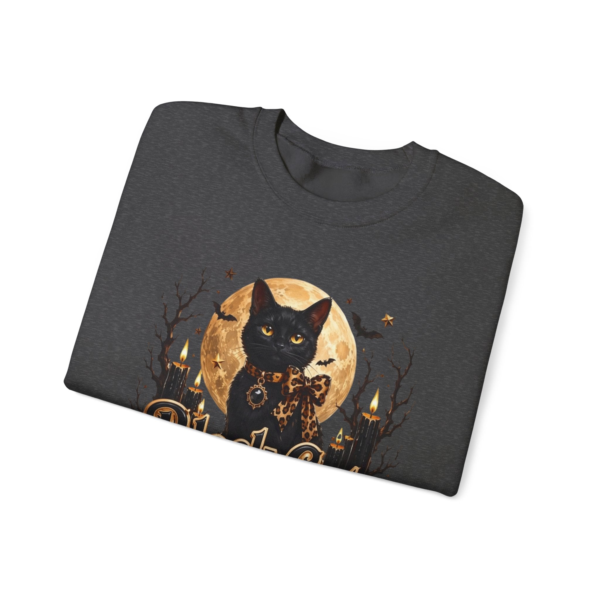 Dark Heather crewneck sweatshirt folded to show the black cat sits before a glowing full moon print