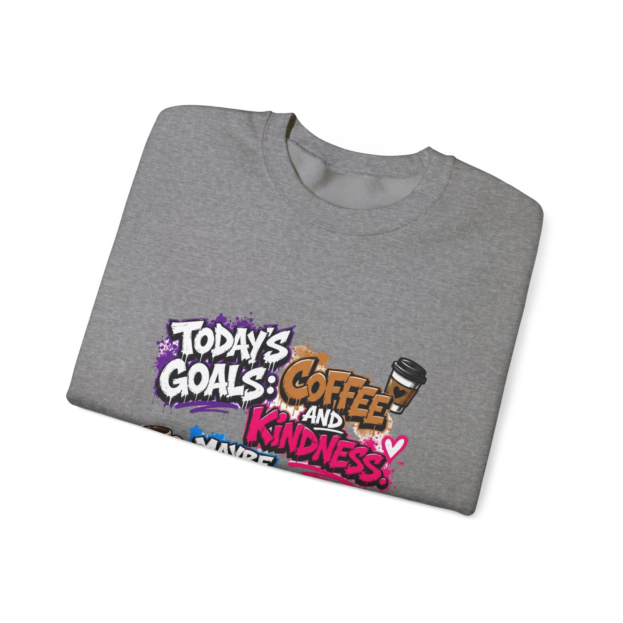 Graphite Heather crewneck sweatshirt folded to show the stacked graffiti lettering in electric pinks print