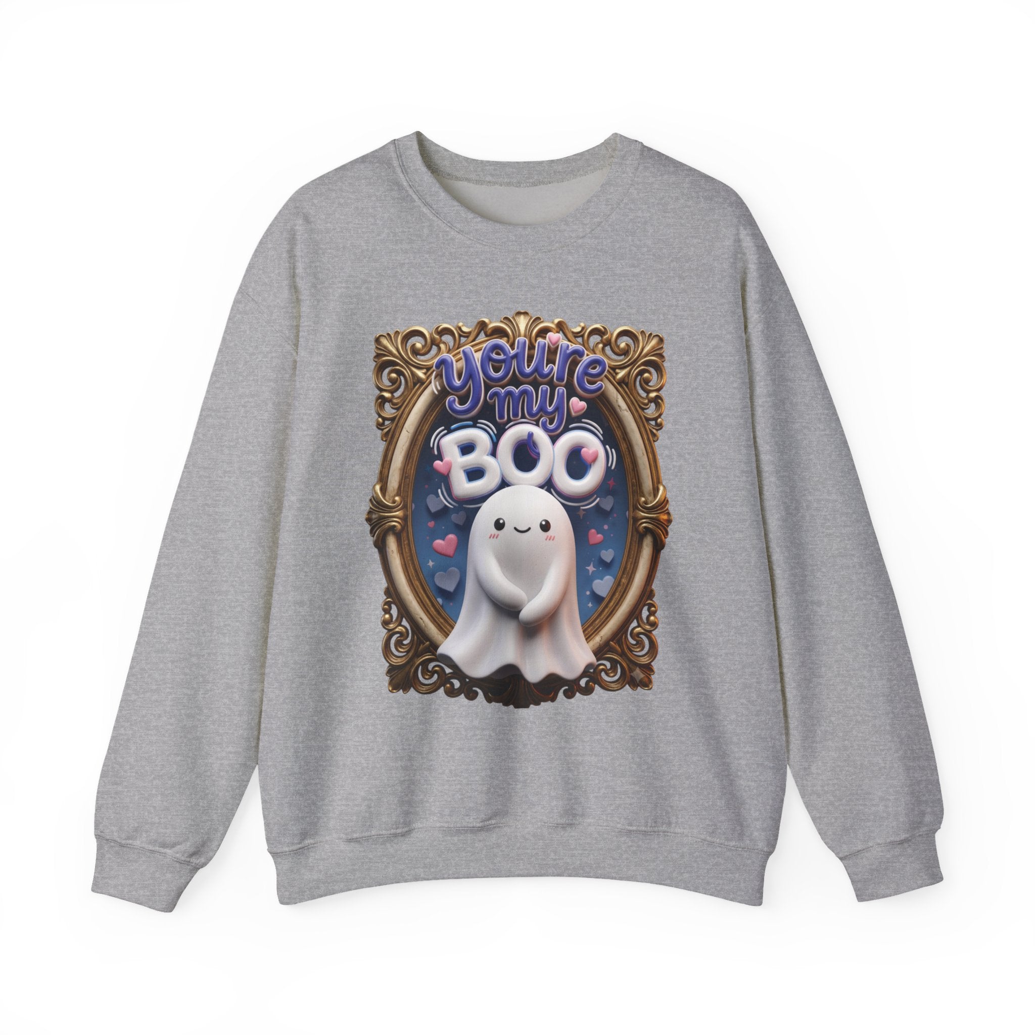 Sport Grey crewneck sweatshirt laid flat, printed with a round smiling ghost floats inside a gilded vintage frame