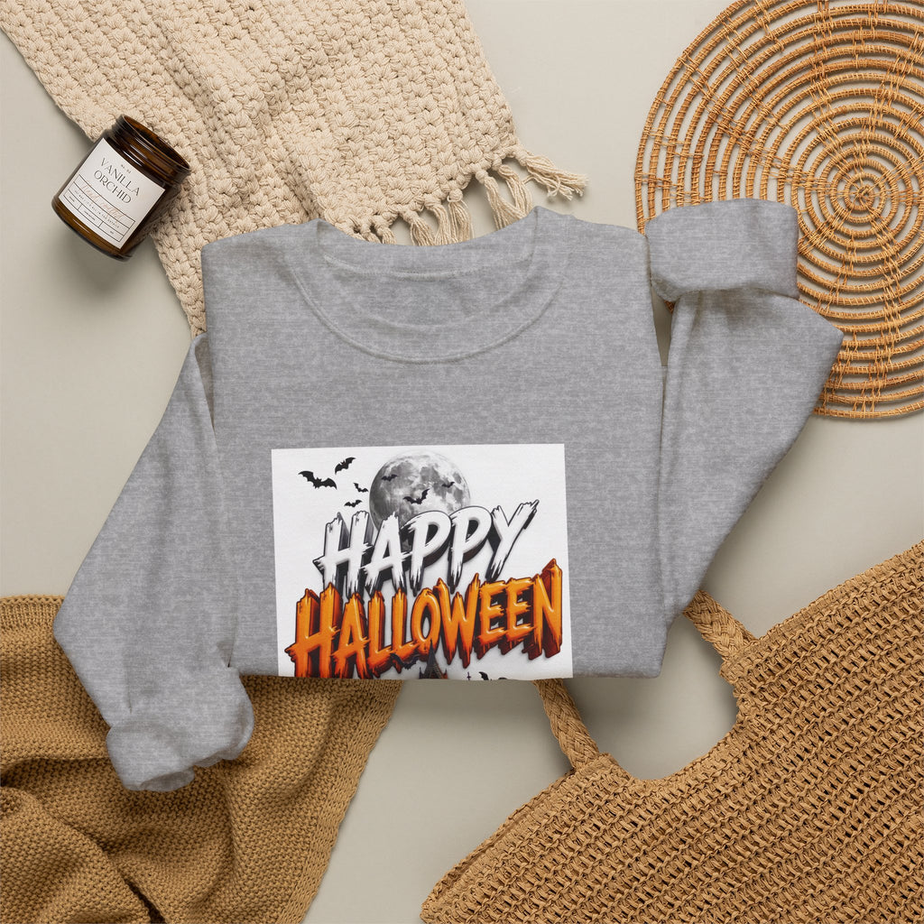 Sport Grey crewneck sweatshirt styled flat with a candle — haunted house with pumpkins and ghosts