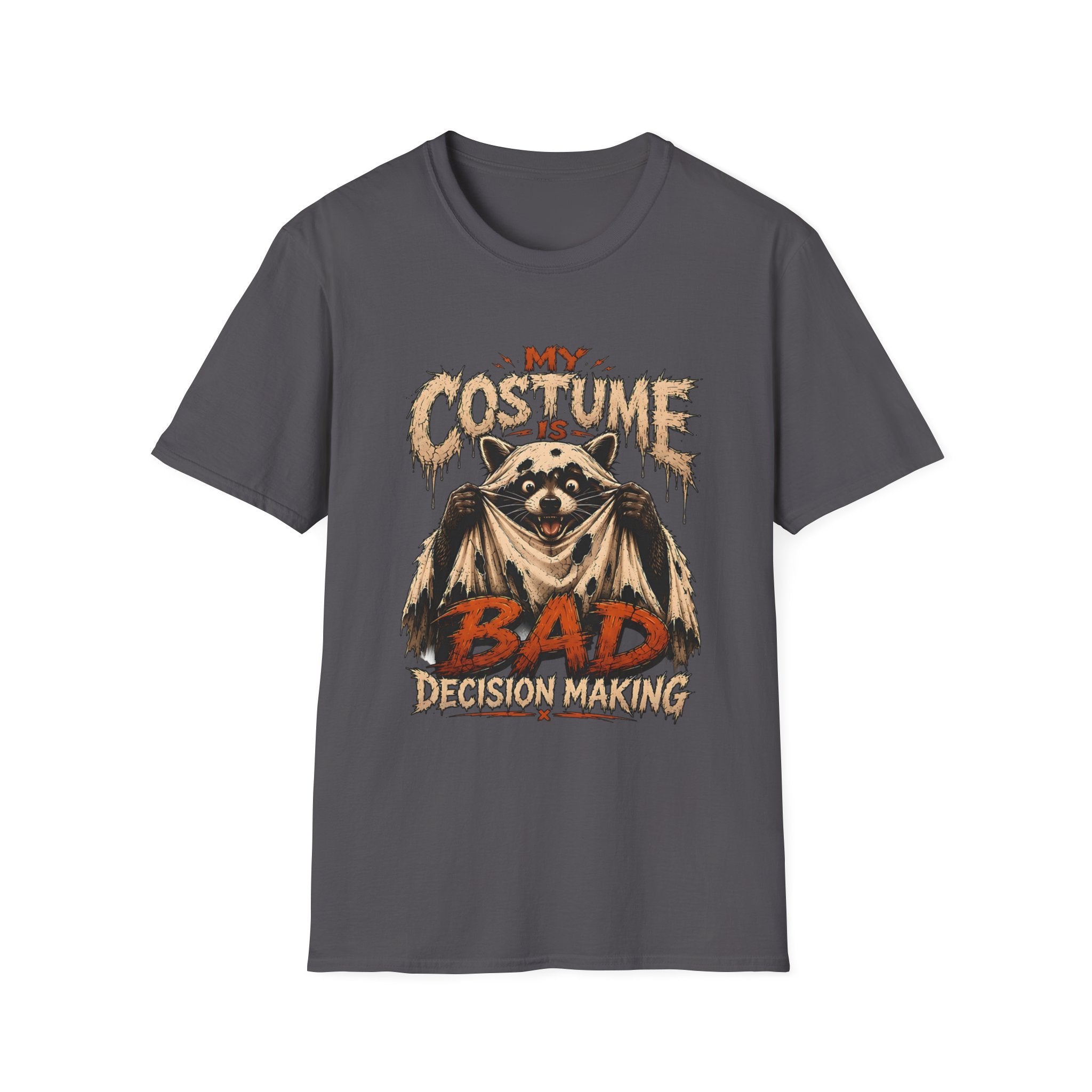 Charcoal t-shirt laid flat, printed with a wide-eyed raccoon holding open a shabby fur cape as