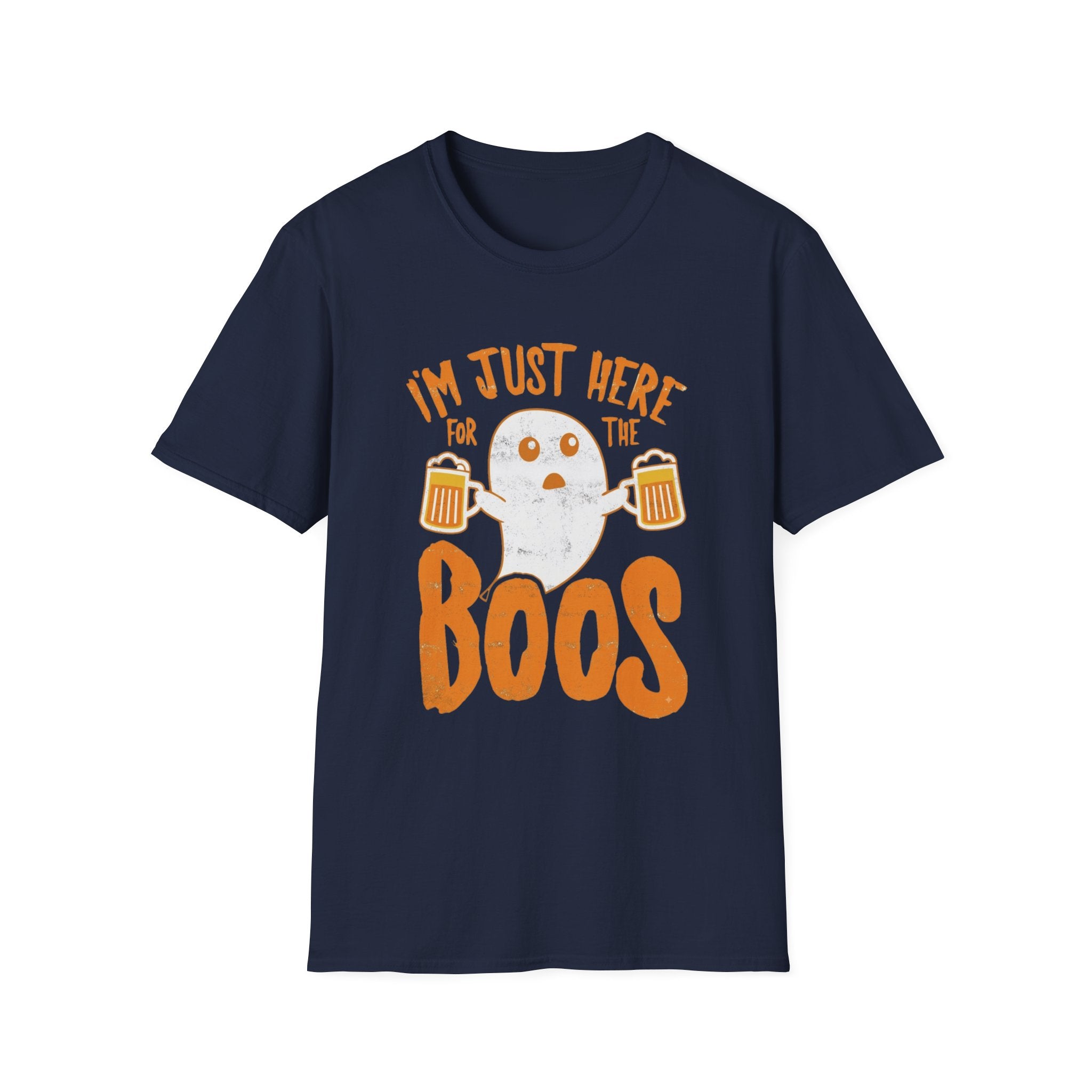 Navy t-shirt laid flat, printed with a single wide-eyed ghost raising a frothy pint under chunky