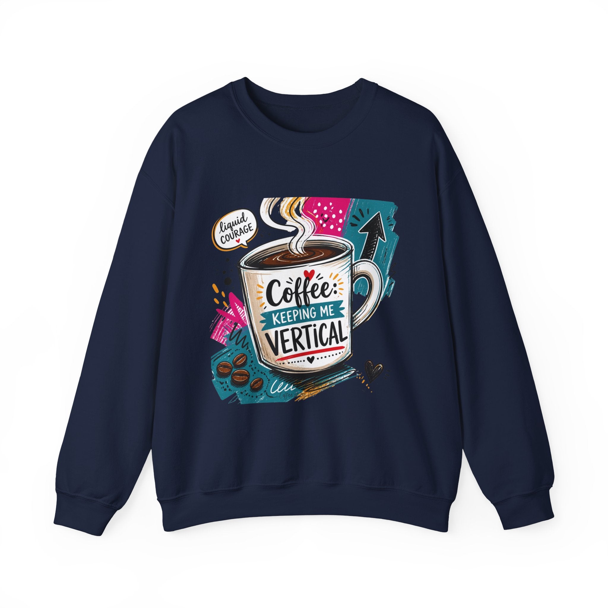 Navy crewneck sweatshirt laid flat, printed with a striped coffee mug in a retro paper collage reading