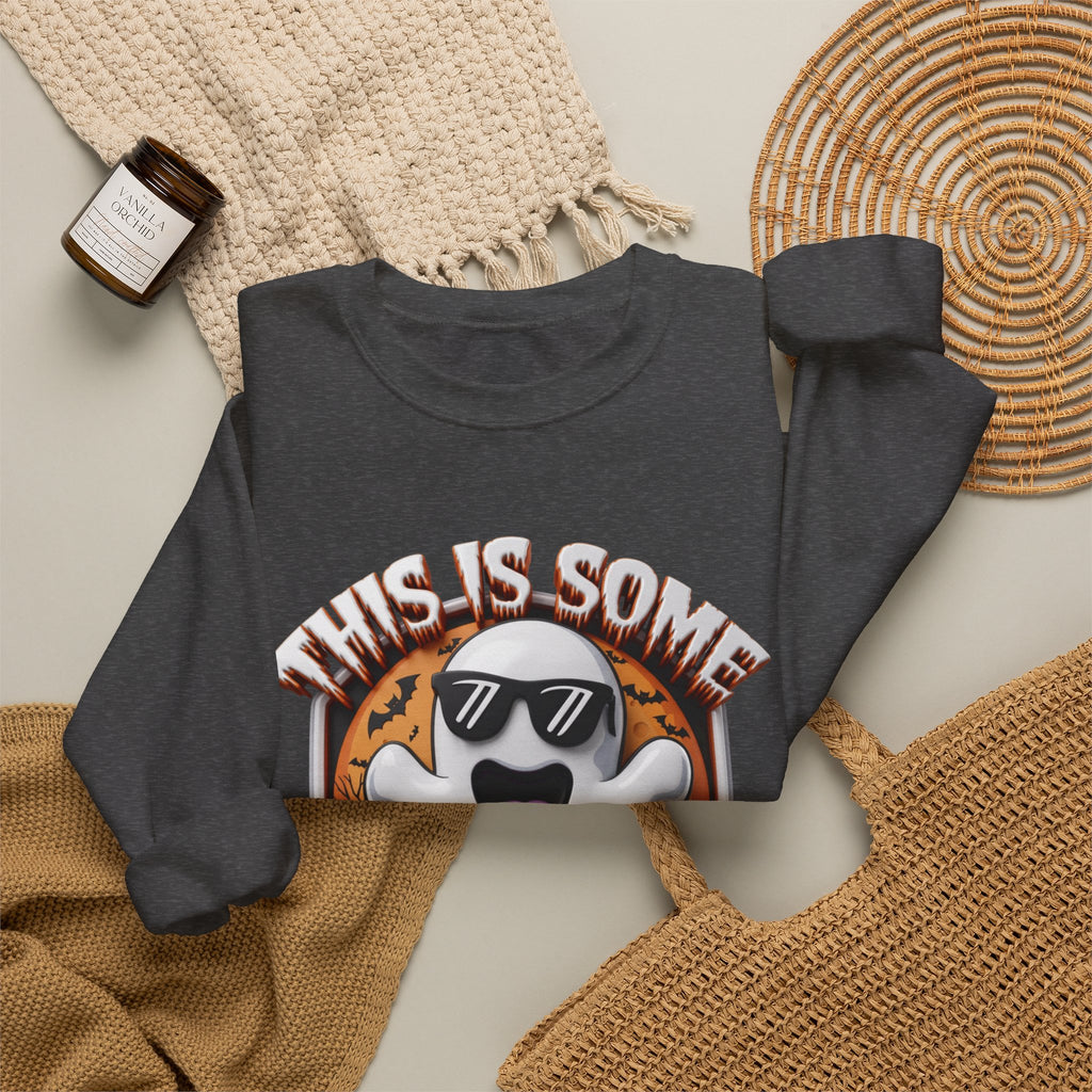 Dark Heather crewneck sweatshirt styled flat with a candle — cartoon ghost in dark sunglasses