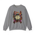 Graphite Heather crewneck sweatshirt laid flat, printed with a fuzzy black monster with big googly eyes bursts out