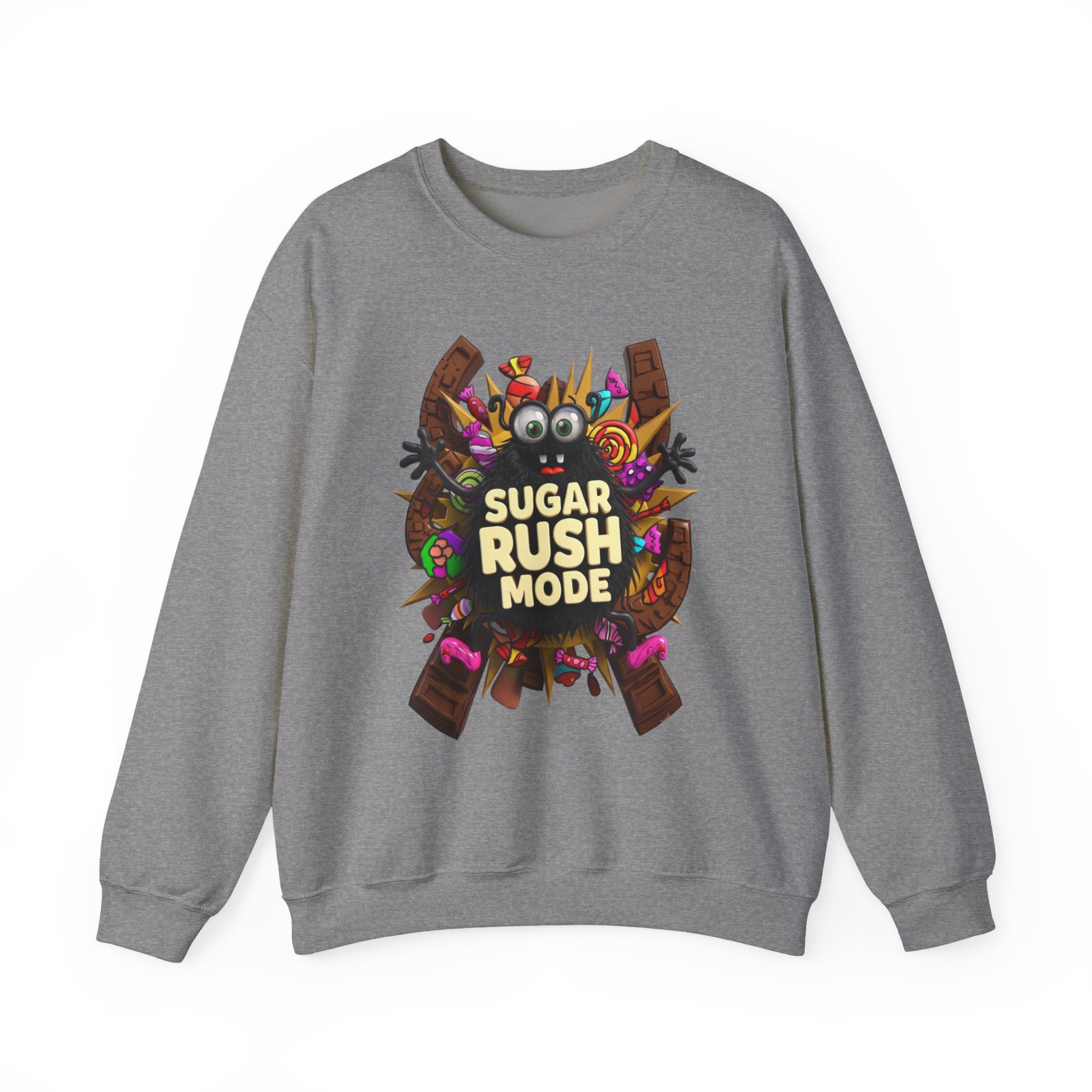 Graphite Heather crewneck sweatshirt laid flat, printed with a fuzzy black monster with big googly eyes bursts out