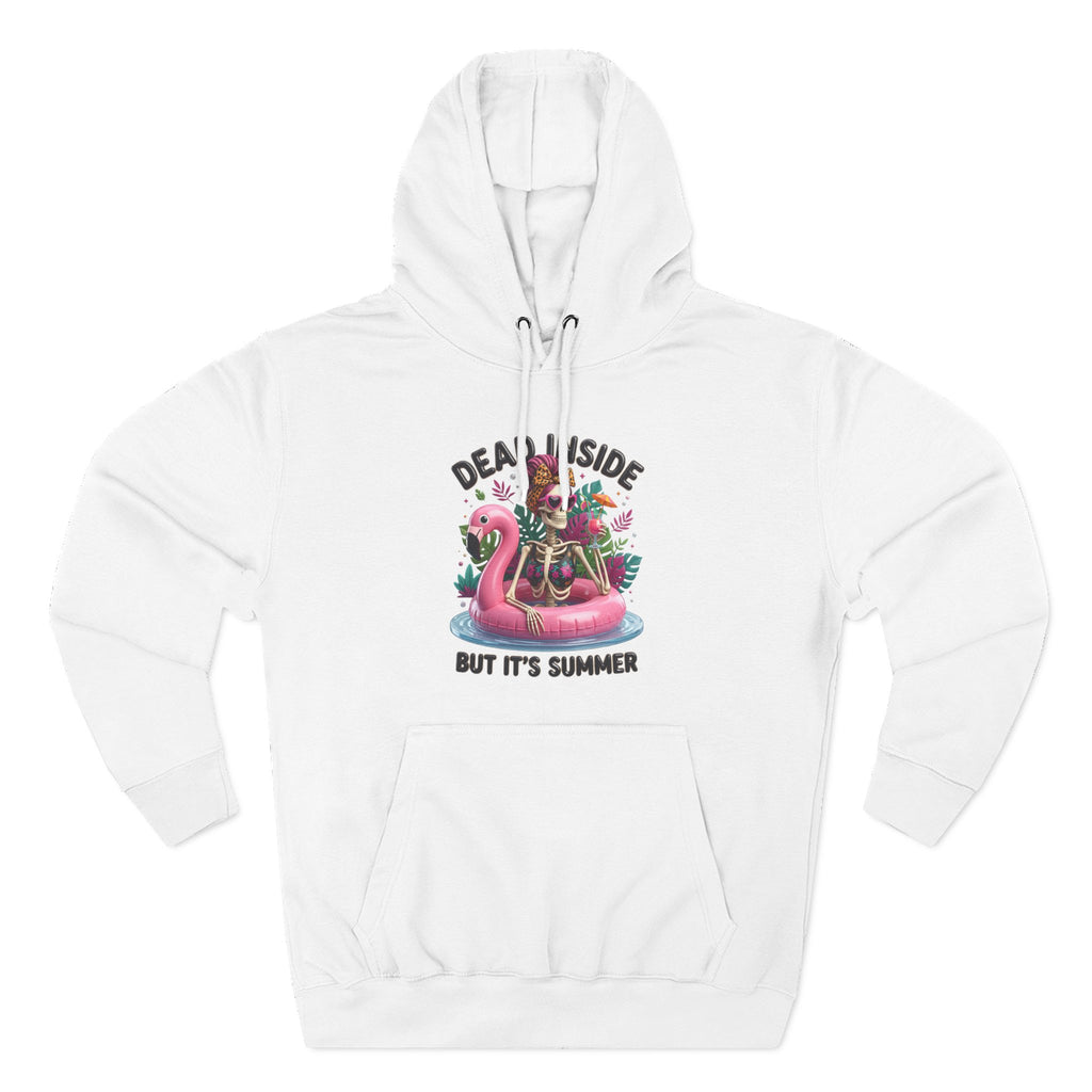 White hoodie laid flat, printed with a deadpan summer joke for people who run cold