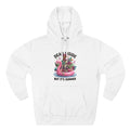 White hoodie laid flat, printed with a deadpan summer joke for people who run cold