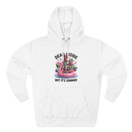 White hoodie laid flat, printed with a deadpan summer joke for people who run cold