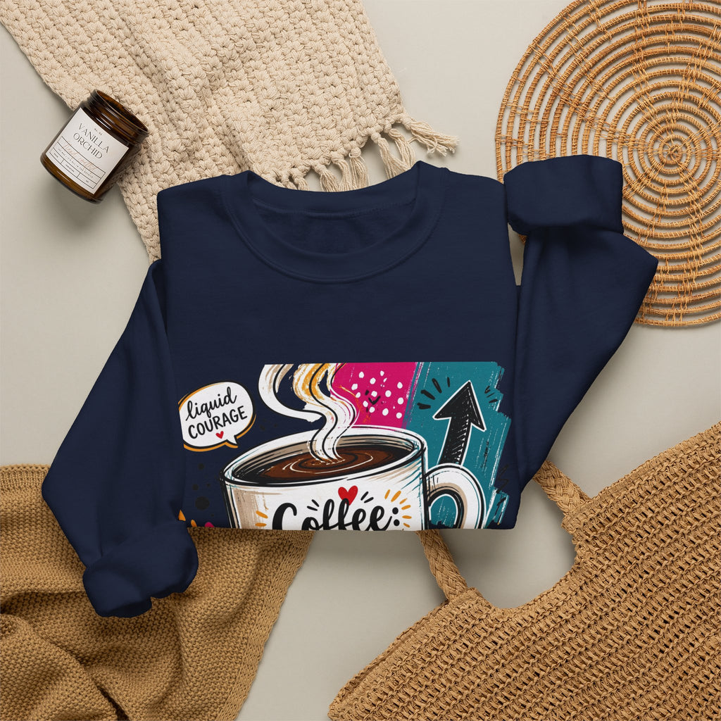 Navy crewneck sweatshirt styled flat with a candle — striped mug in a paper collage
