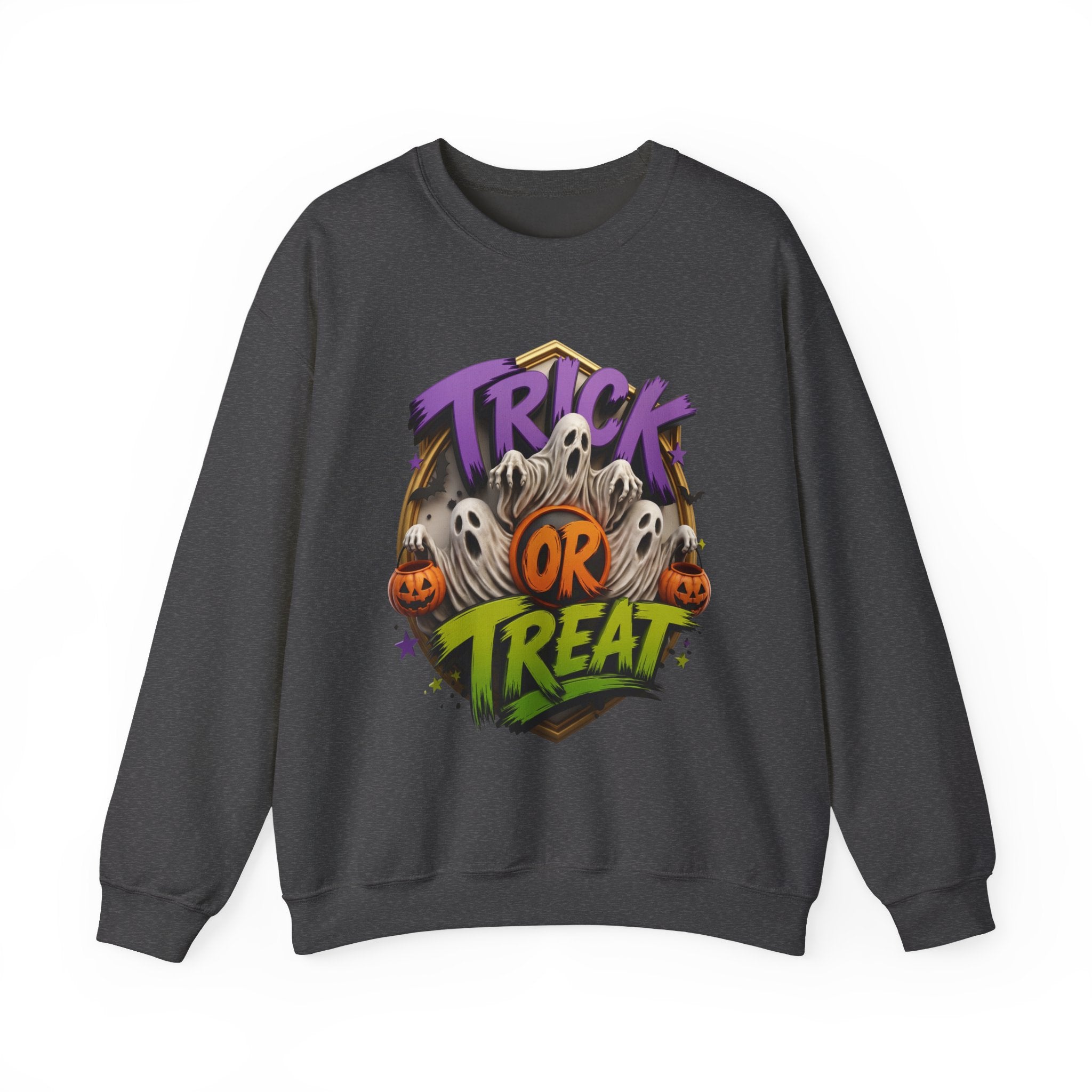 Dark Heather crewneck sweatshirt laid flat, printed with a huddle of wide-mouthed ghosts rises between two carved pumpkins