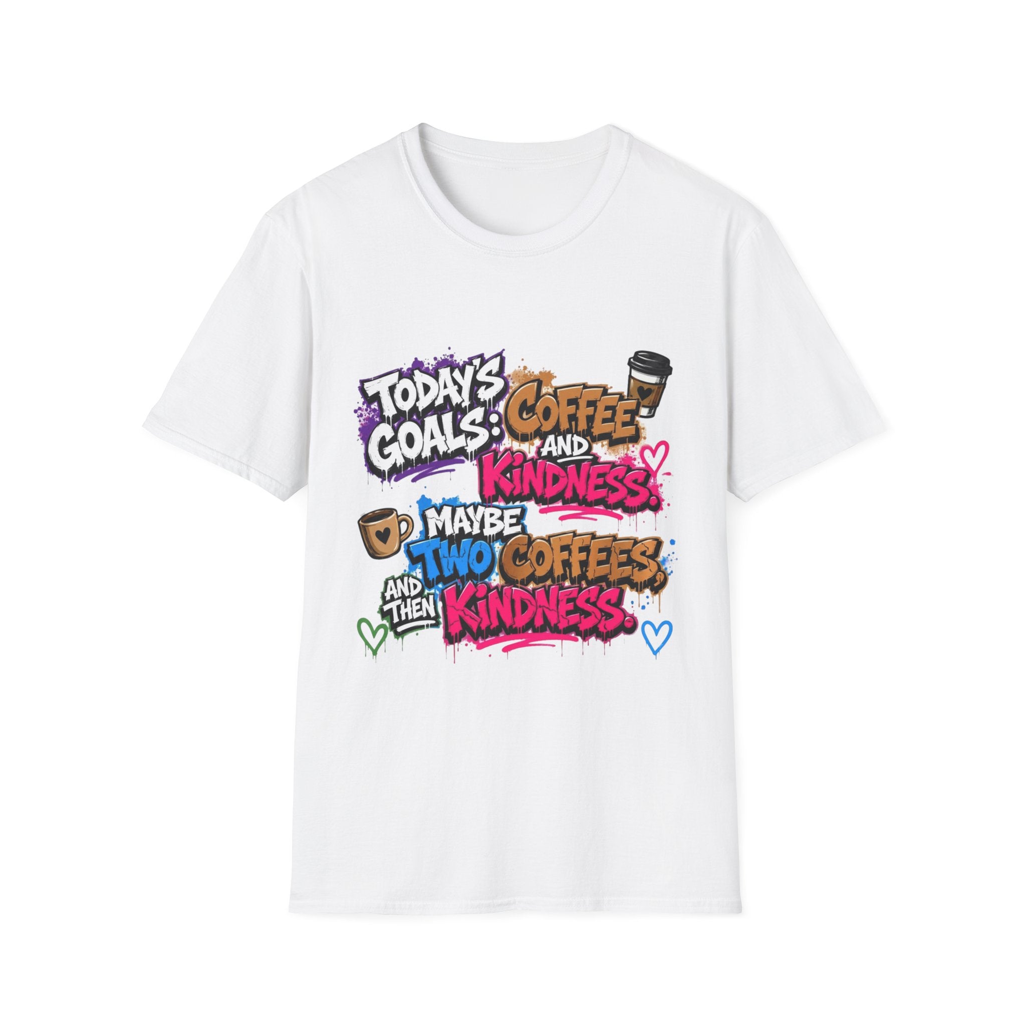 White t-shirt laid flat, printed with a stacked graffiti lettering in electric pinks