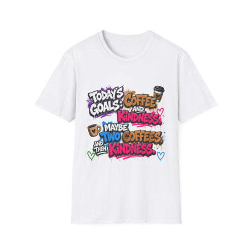 White t-shirt laid flat, printed with a stacked graffiti lettering in electric pinks