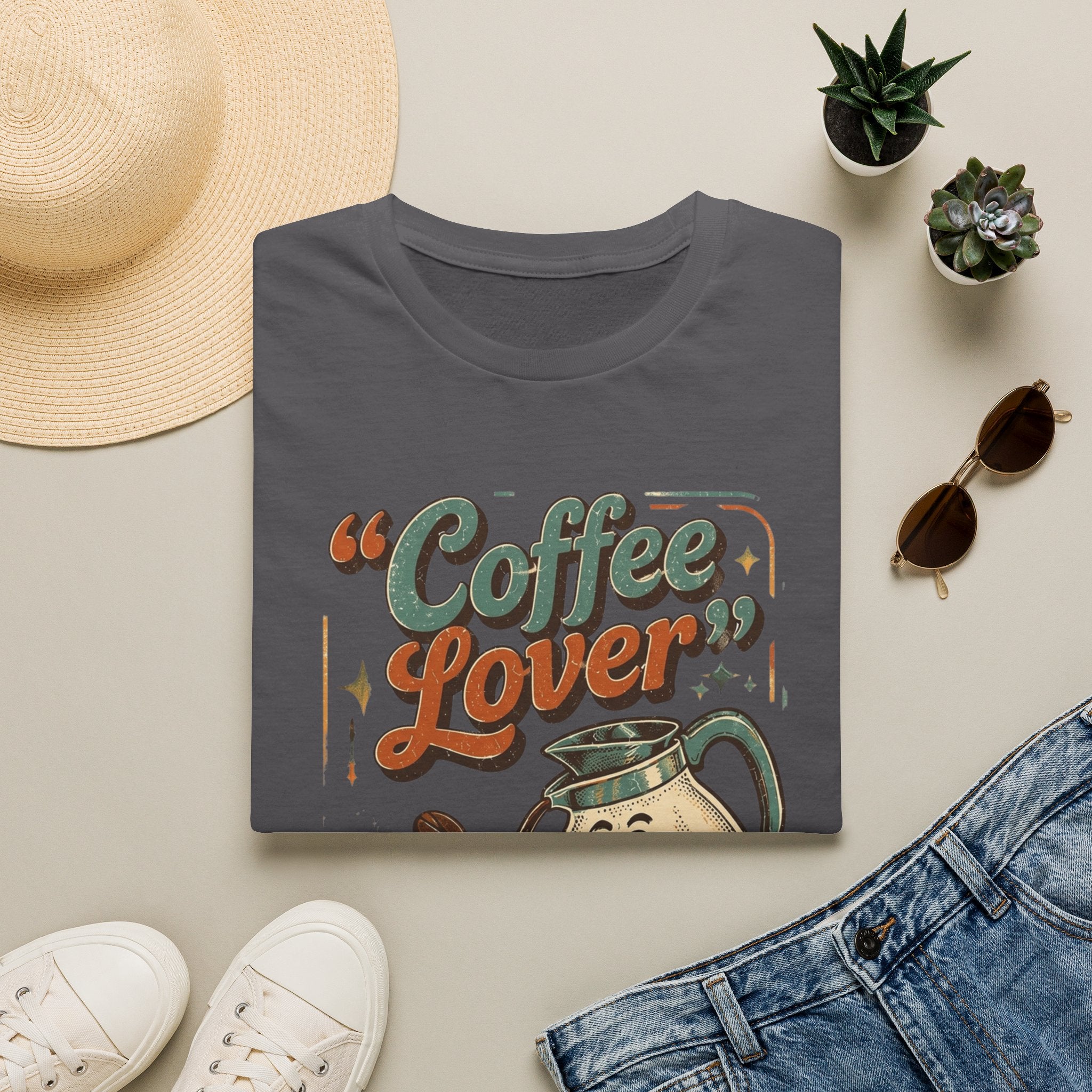 Charcoal t-shirt styled flat with a candle — retro coffee pot and steaming cup