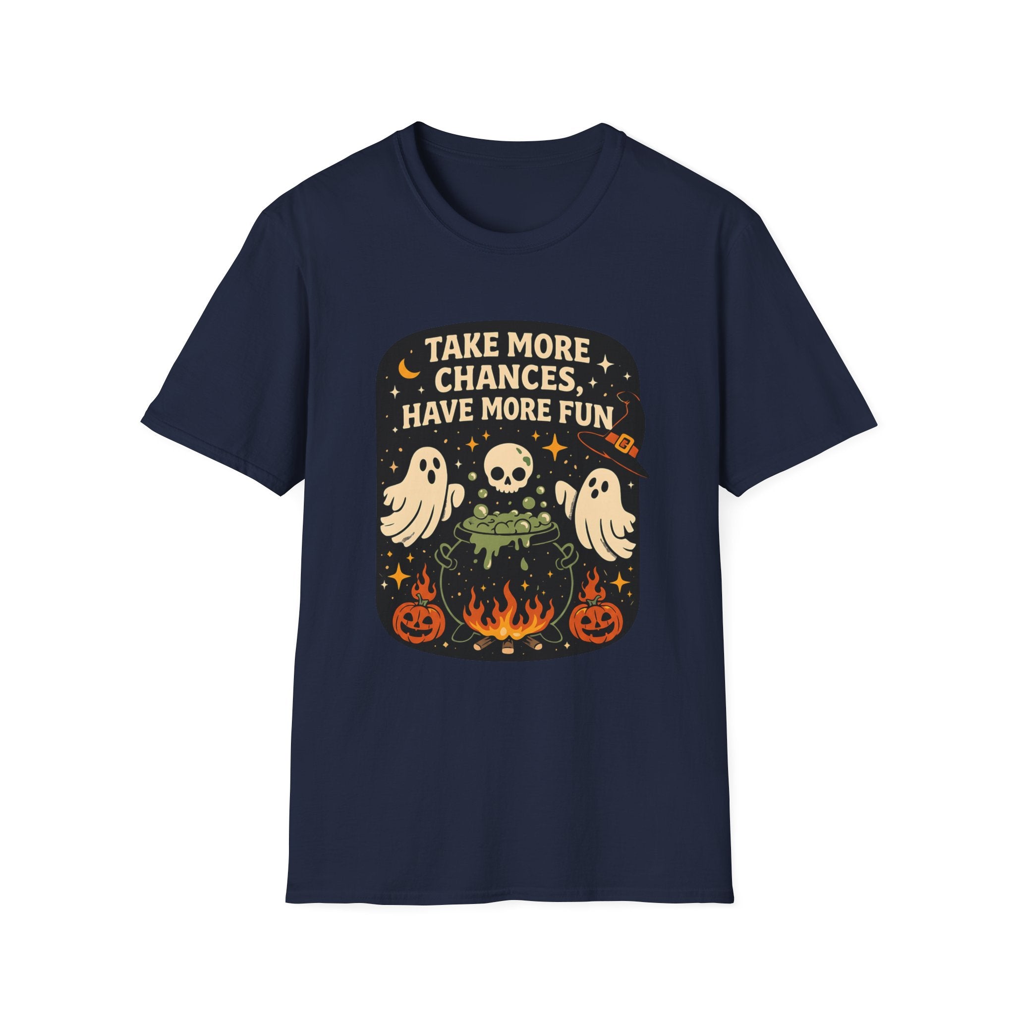 Navy t-shirt laid flat, printed with a two ghosts around a campfire inside a rounded vintage