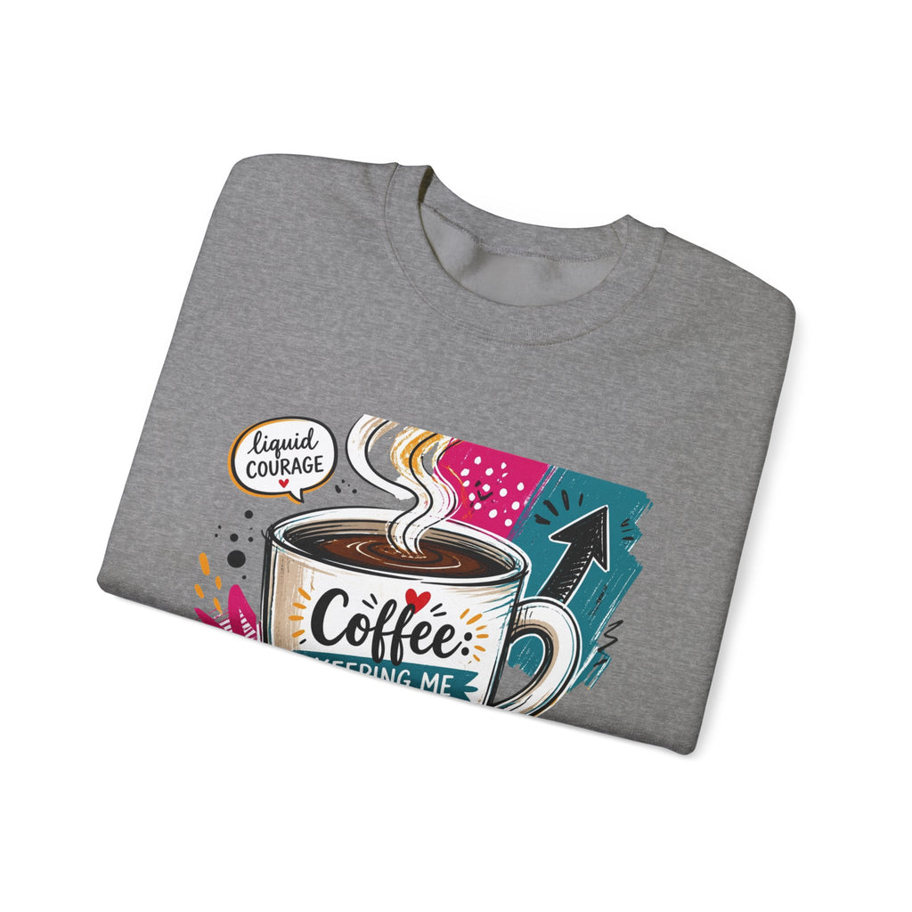 Graphite Heather crewneck sweatshirt folded to show the striped coffee mug in a retro paper collage reading print