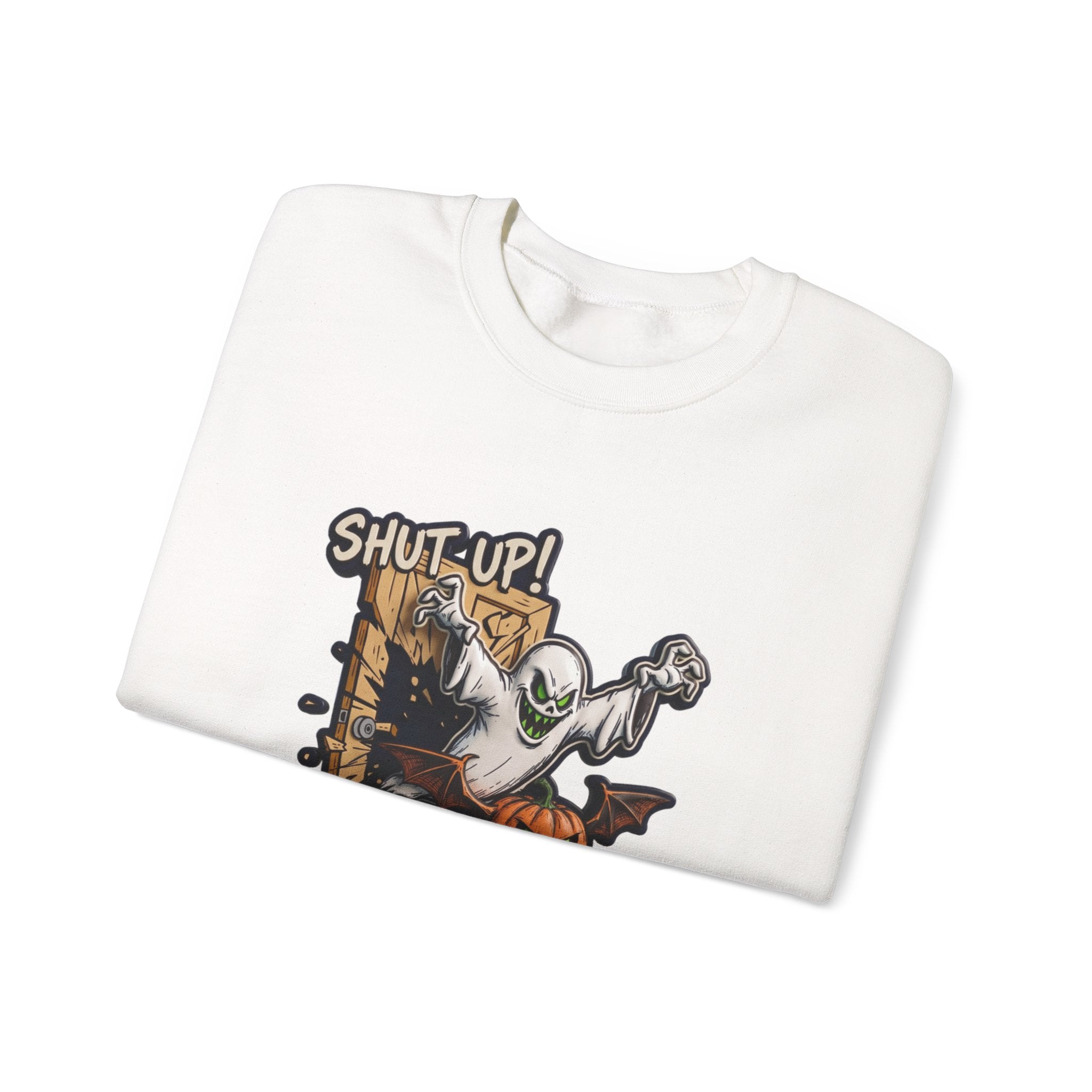 White crewneck sweatshirt folded to show the green-eyed ghost with bat wings bursts through a wooden print