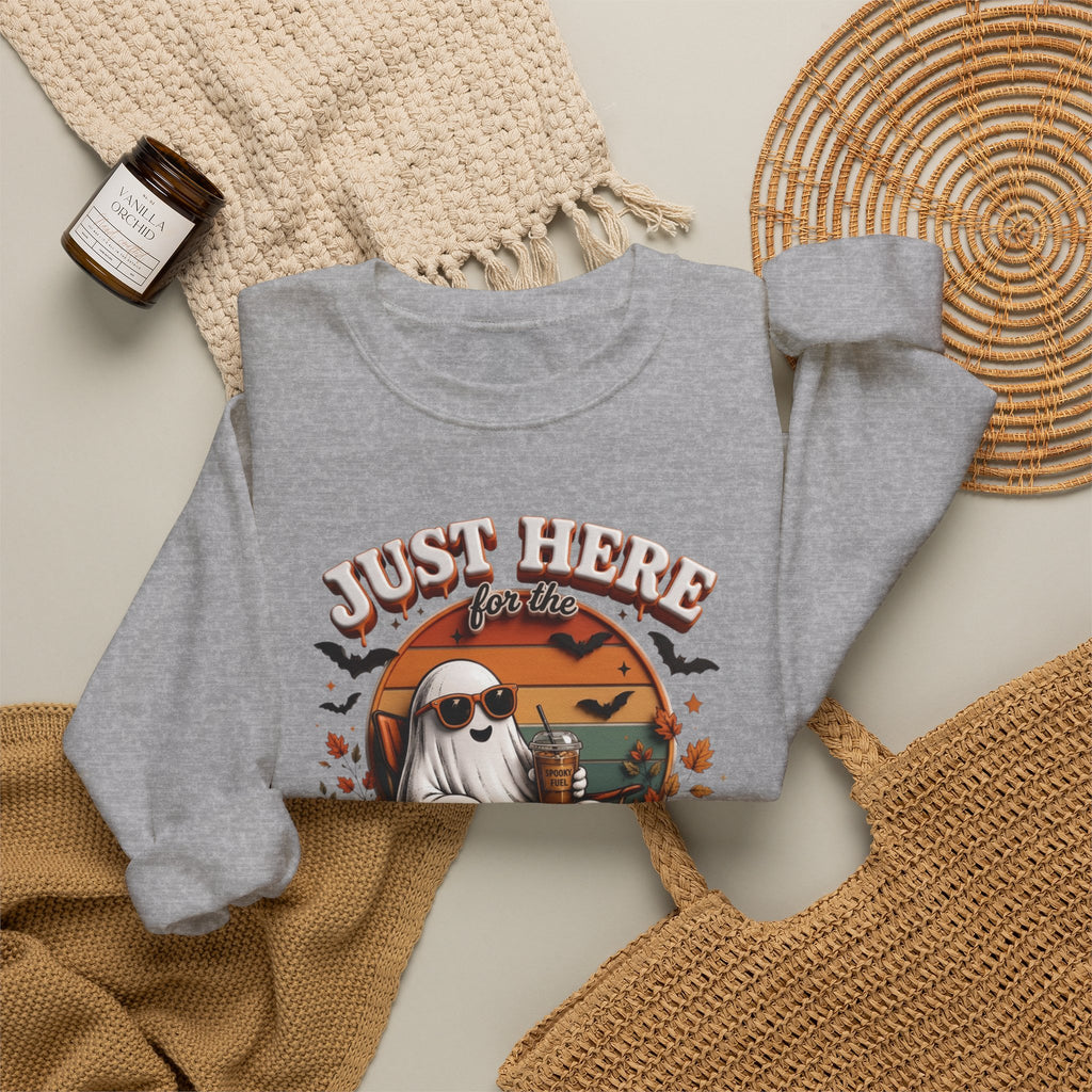 Sport Grey crewneck sweatshirt styled flat with a candle — ghost in sunglasses with iced coffee