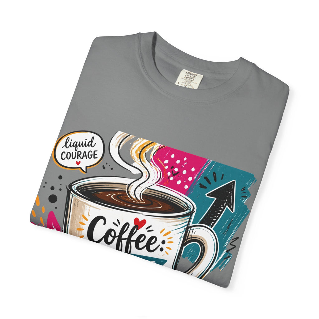 Grey t-shirt folded to show the tall striped mug set into a busy retro collage print