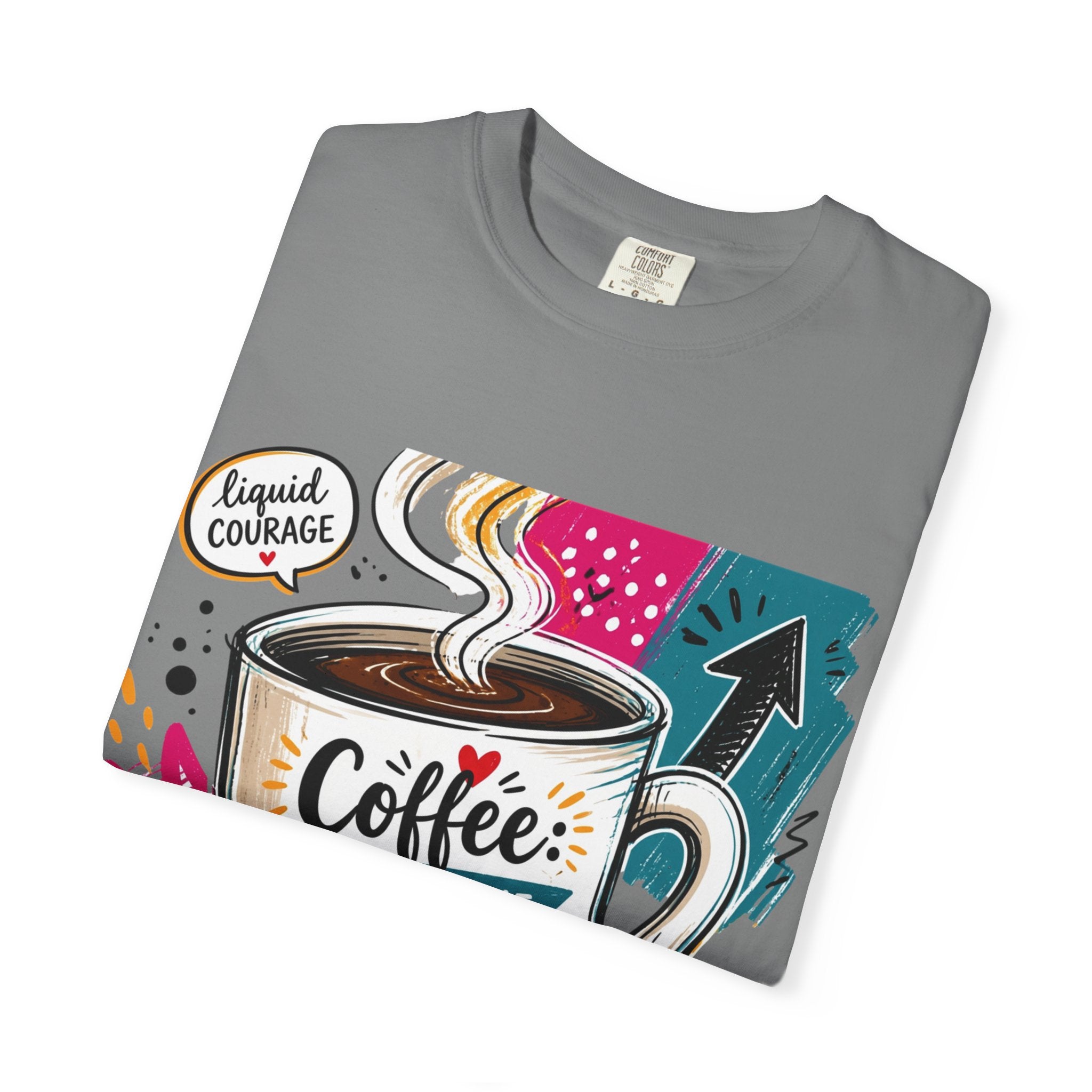Grey t-shirt folded to show the tall striped mug set into a busy retro collage print