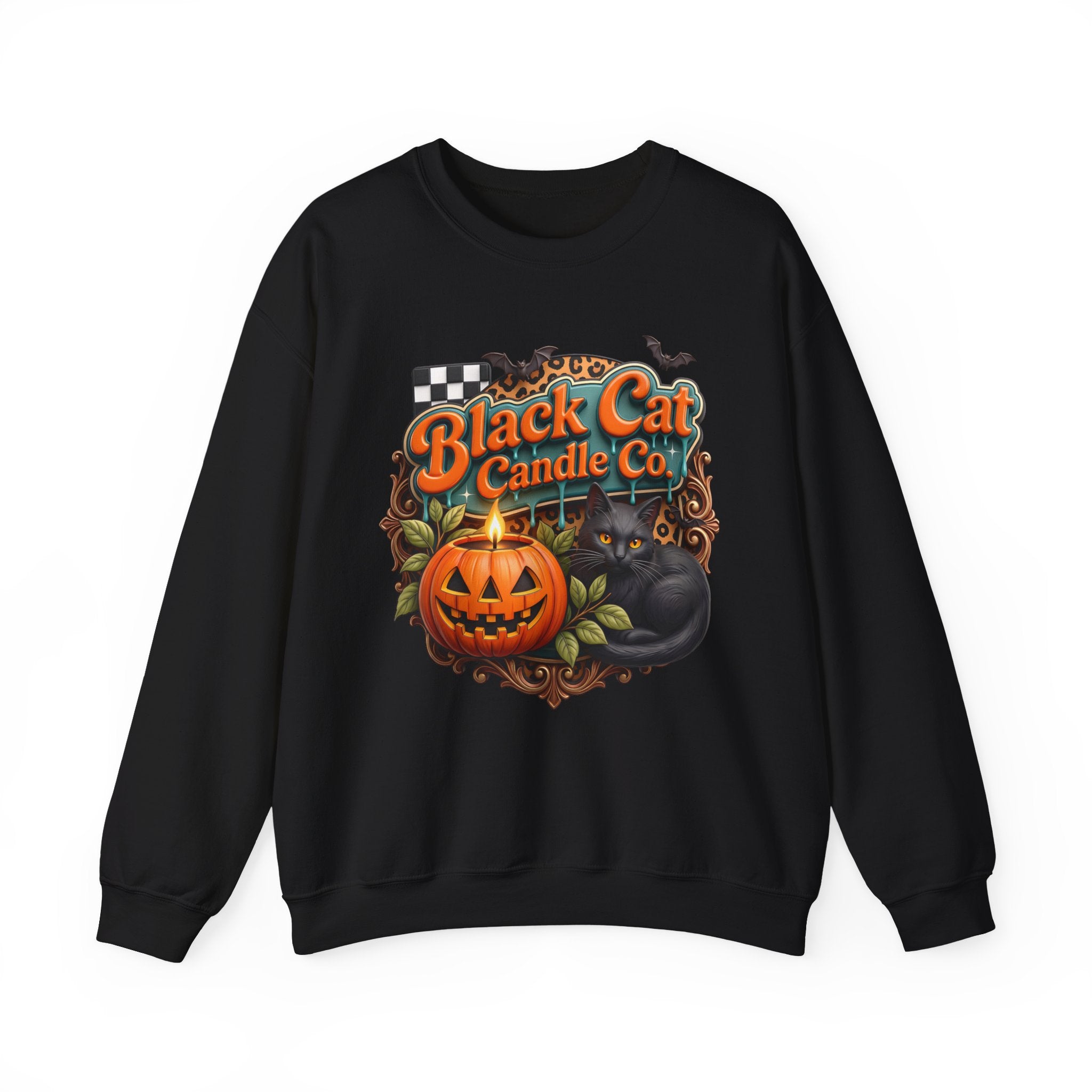 Black crewneck sweatshirt laid flat, printed with a retro teal signboard reads black cat candle co