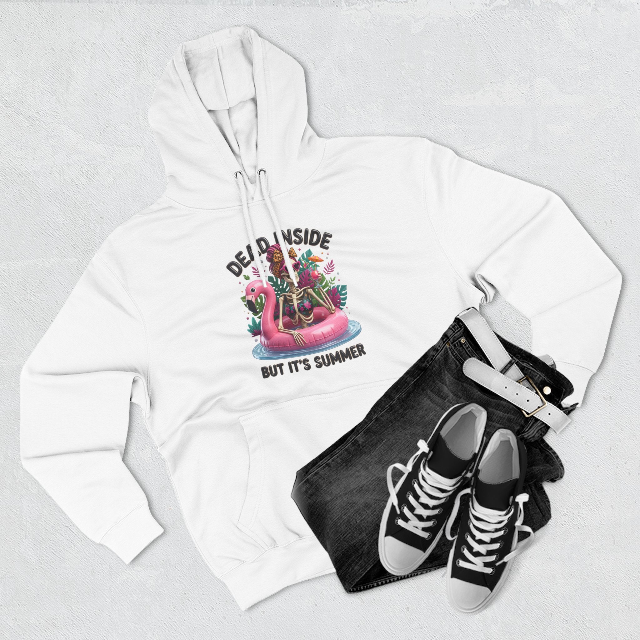 White hoodie folded to show the deadpan summer joke for people who run cold print