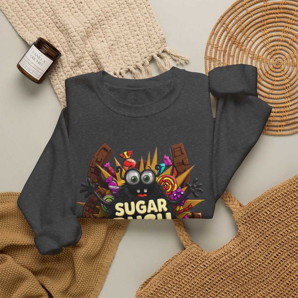 Dark Heather crewneck sweatshirt styled flat with a candle — fuzzy black monster with googly eyes