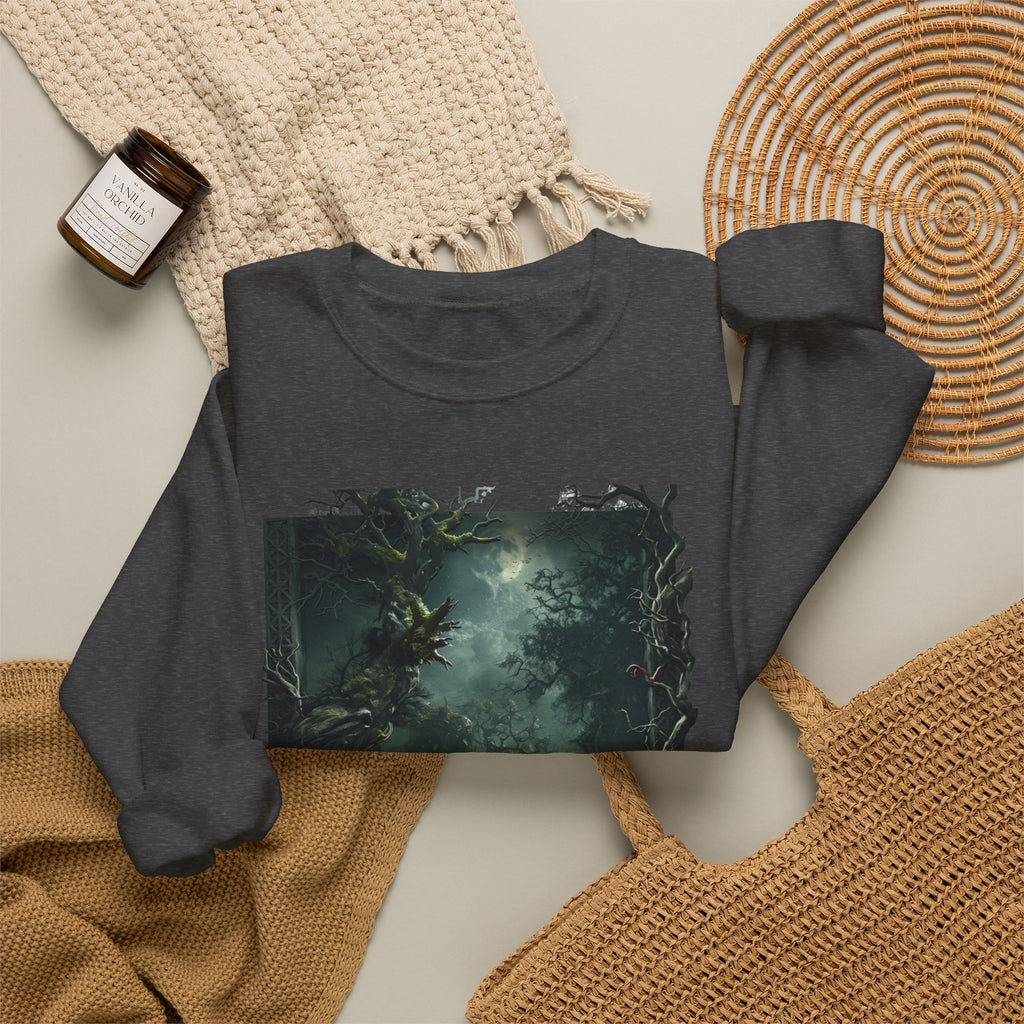 Dark Heather crewneck sweatshirt styled flat with a candle — moonlit forest of gnarled mossy trees