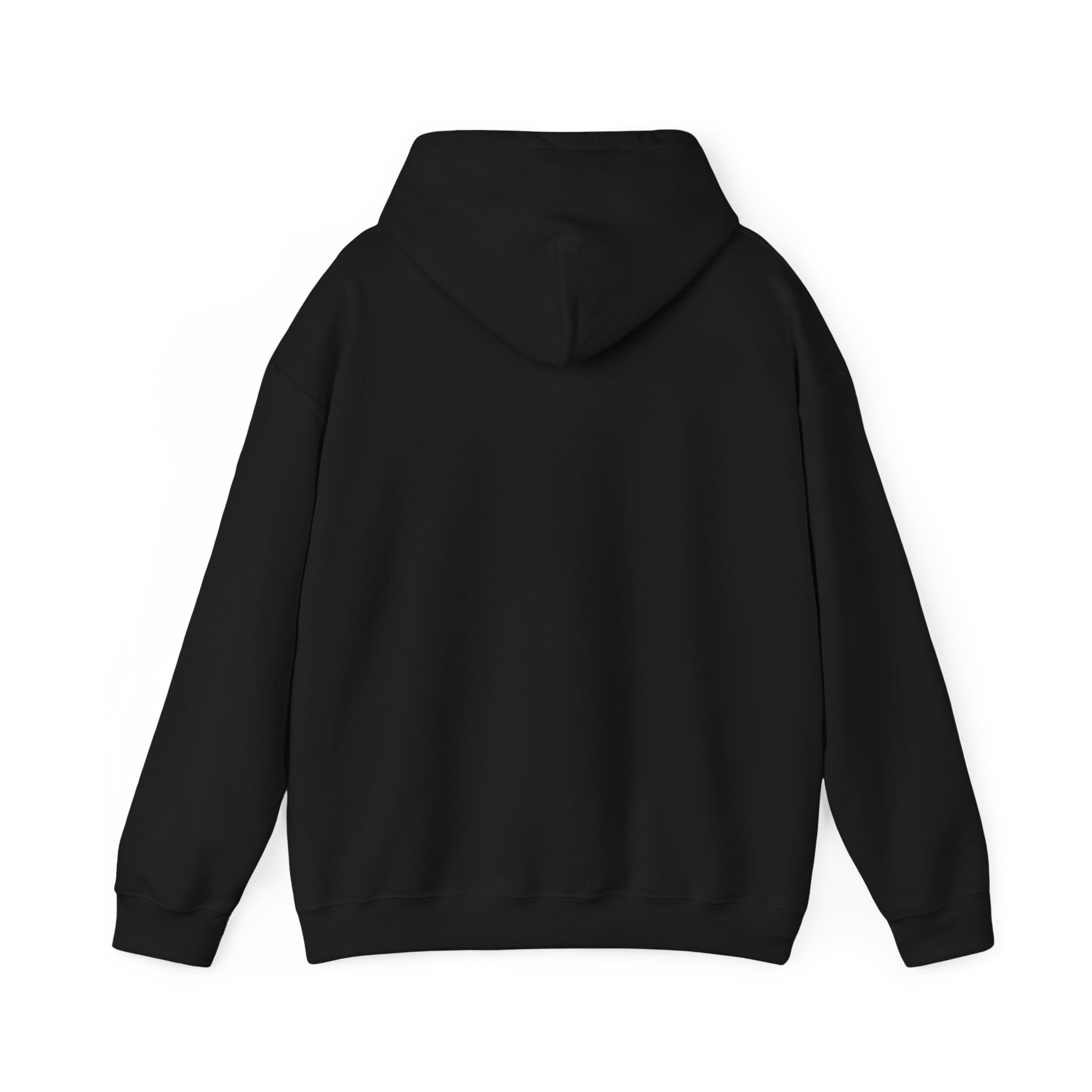 Black hoodie, plain back — sunset skeleton print on the front
