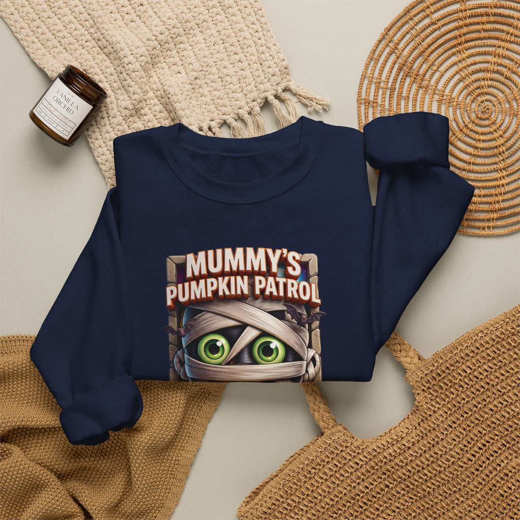 Navy crewneck sweatshirt styled flat with a candle — cartoon mummy hugging a carved pumpkin