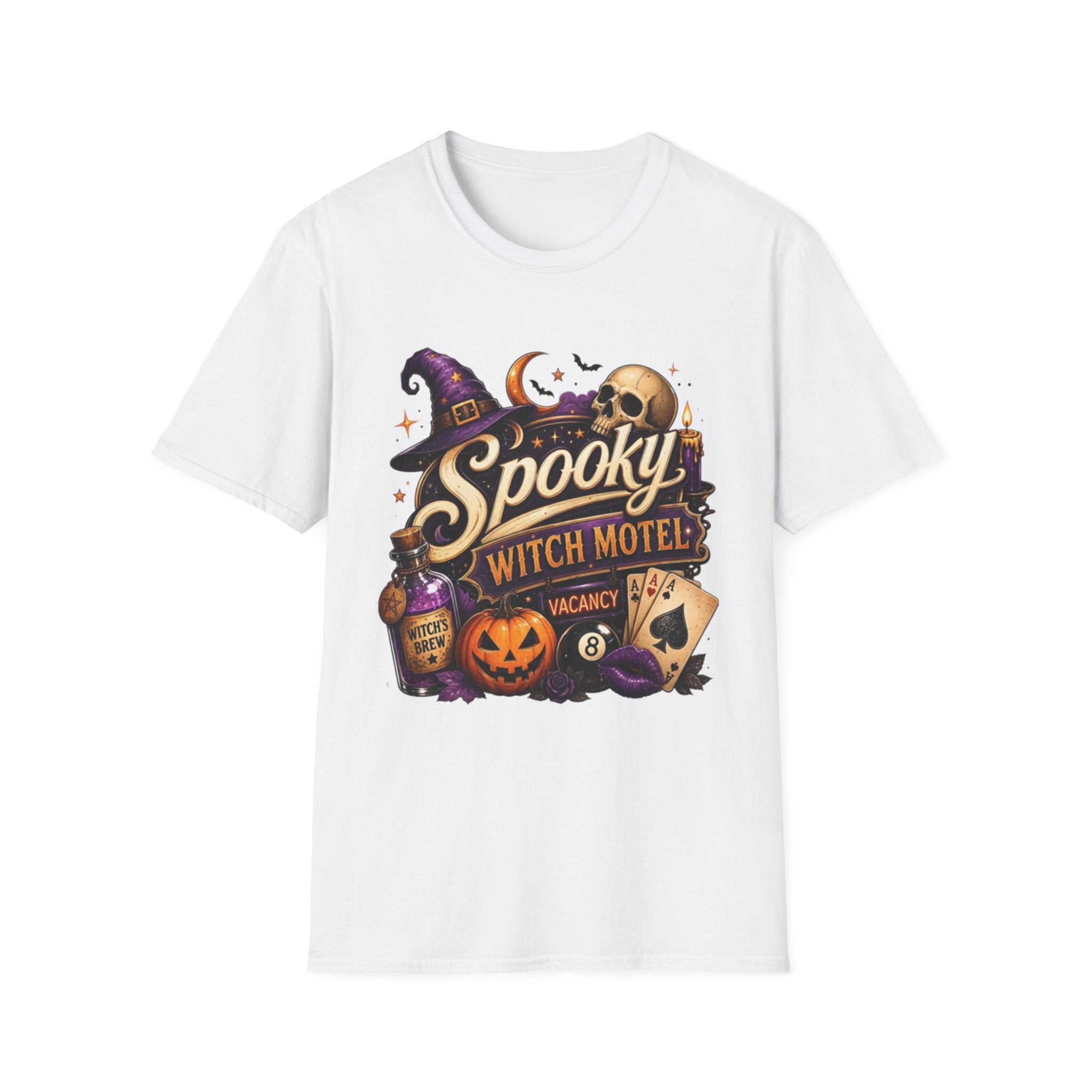 White t-shirt laid flat, printed with a neon motel sign reading spooky witch motel